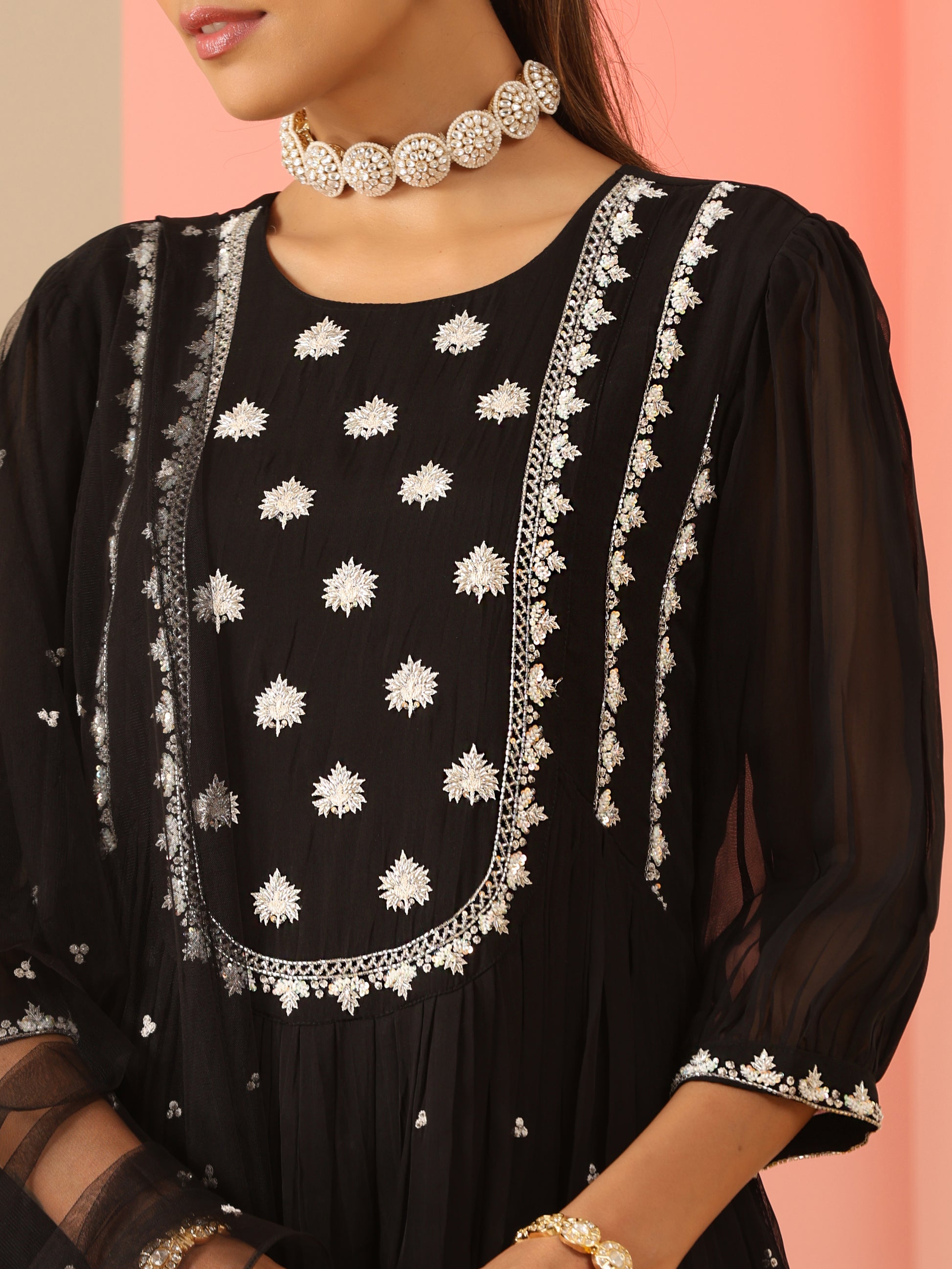 Black Viscose Organza Resham Beadwork Kalidar Kurta Pants Dupatta