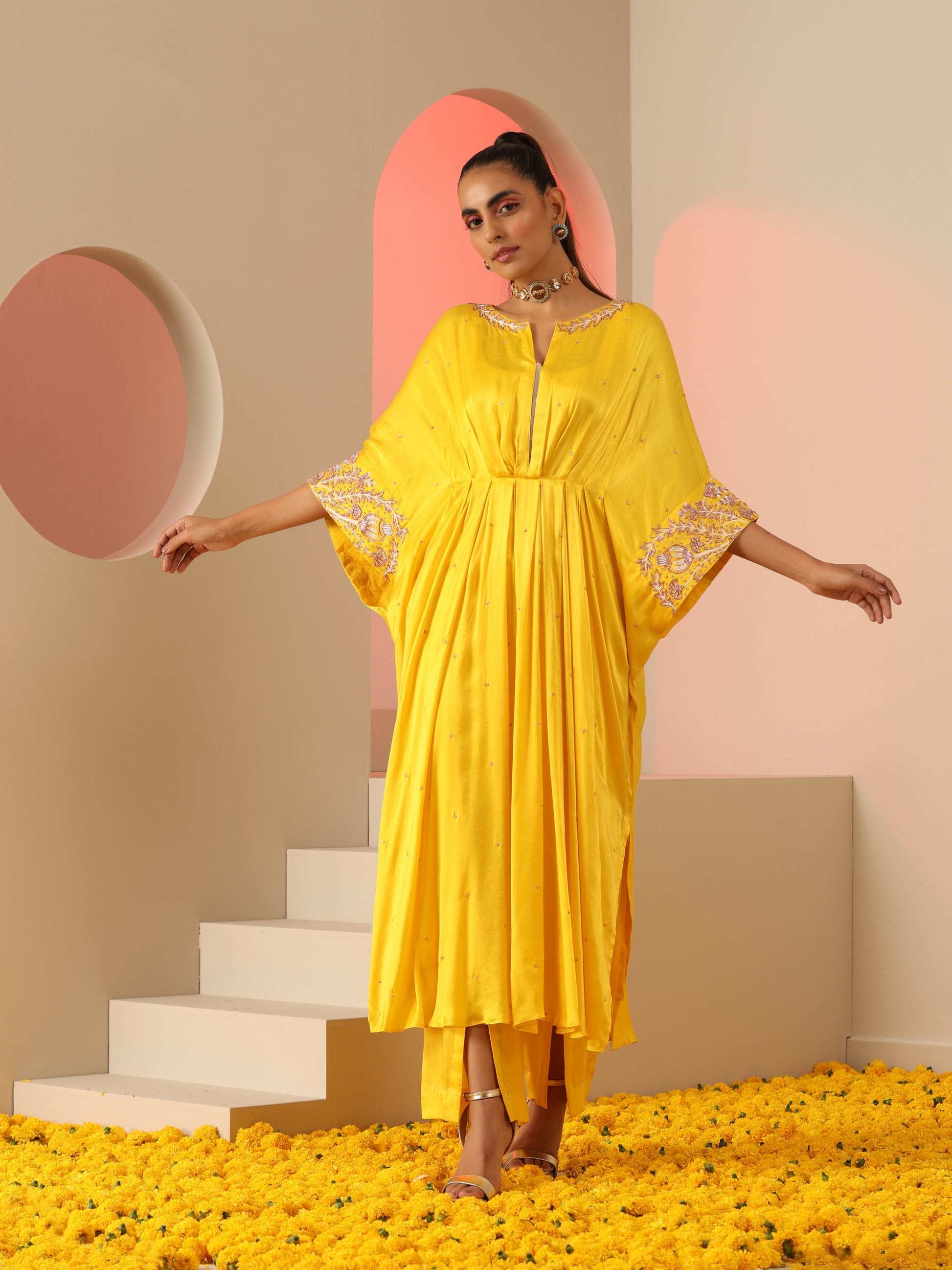 Yellow Pink Gold Gajji Silk Zardozi Kaftan Slotted Pants Set
