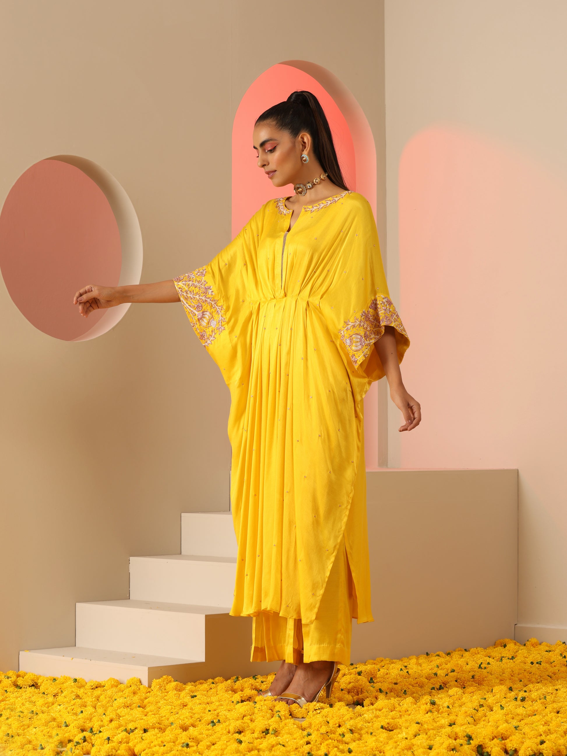 Yellow Pink Gold Gajji Silk Zardozi Kaftan Slotted Pants Set