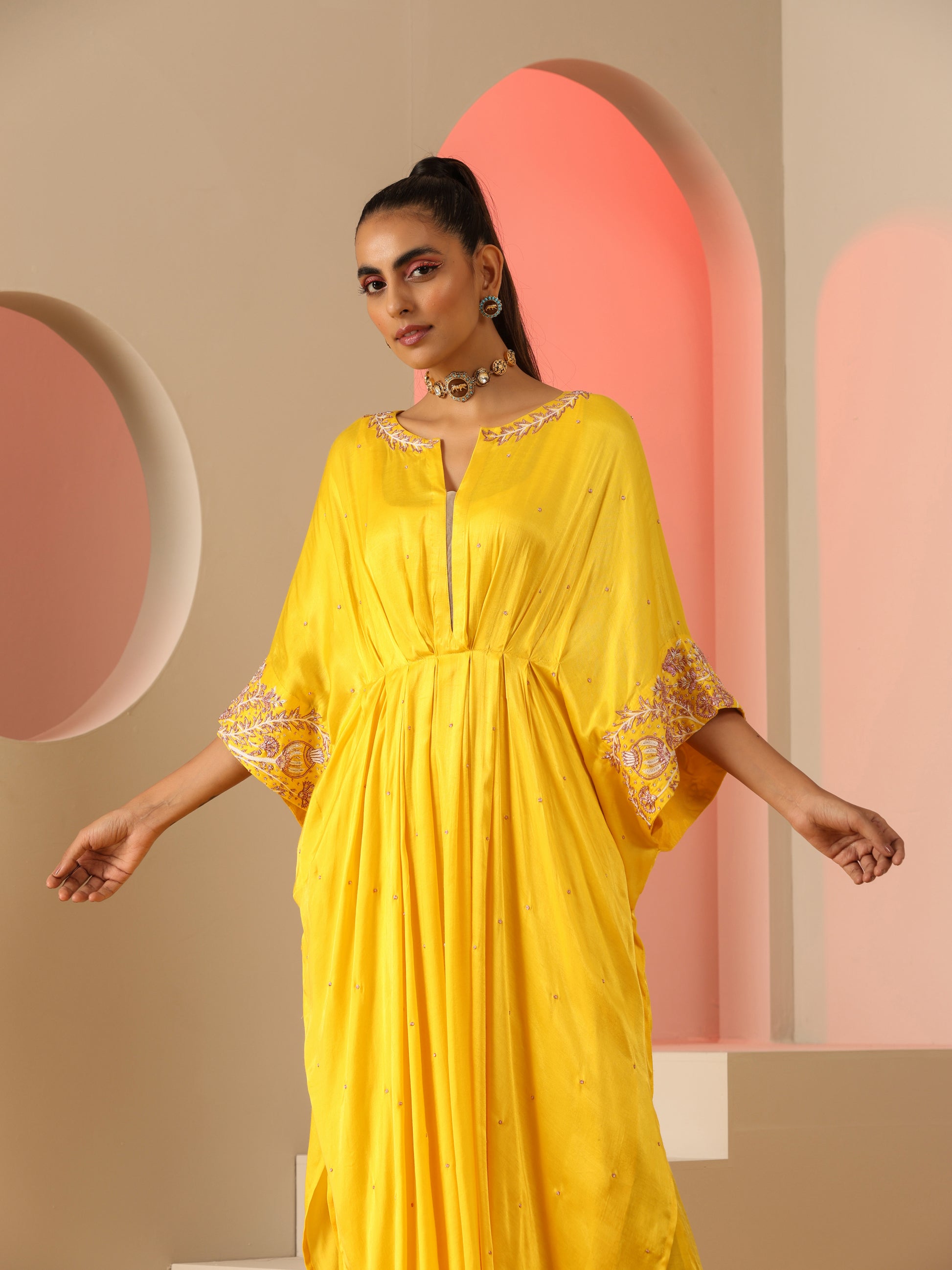 Yellow Pink Gold Gajji Silk Zardozi Kaftan Slotted Pants Set