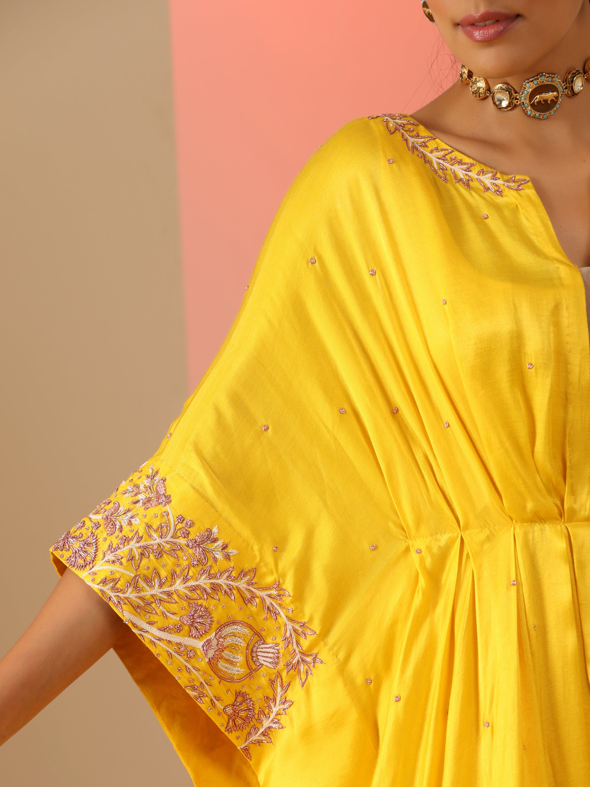 Yellow Pink Gold Gajji Silk Zardozi Kaftan Slotted Pants Set