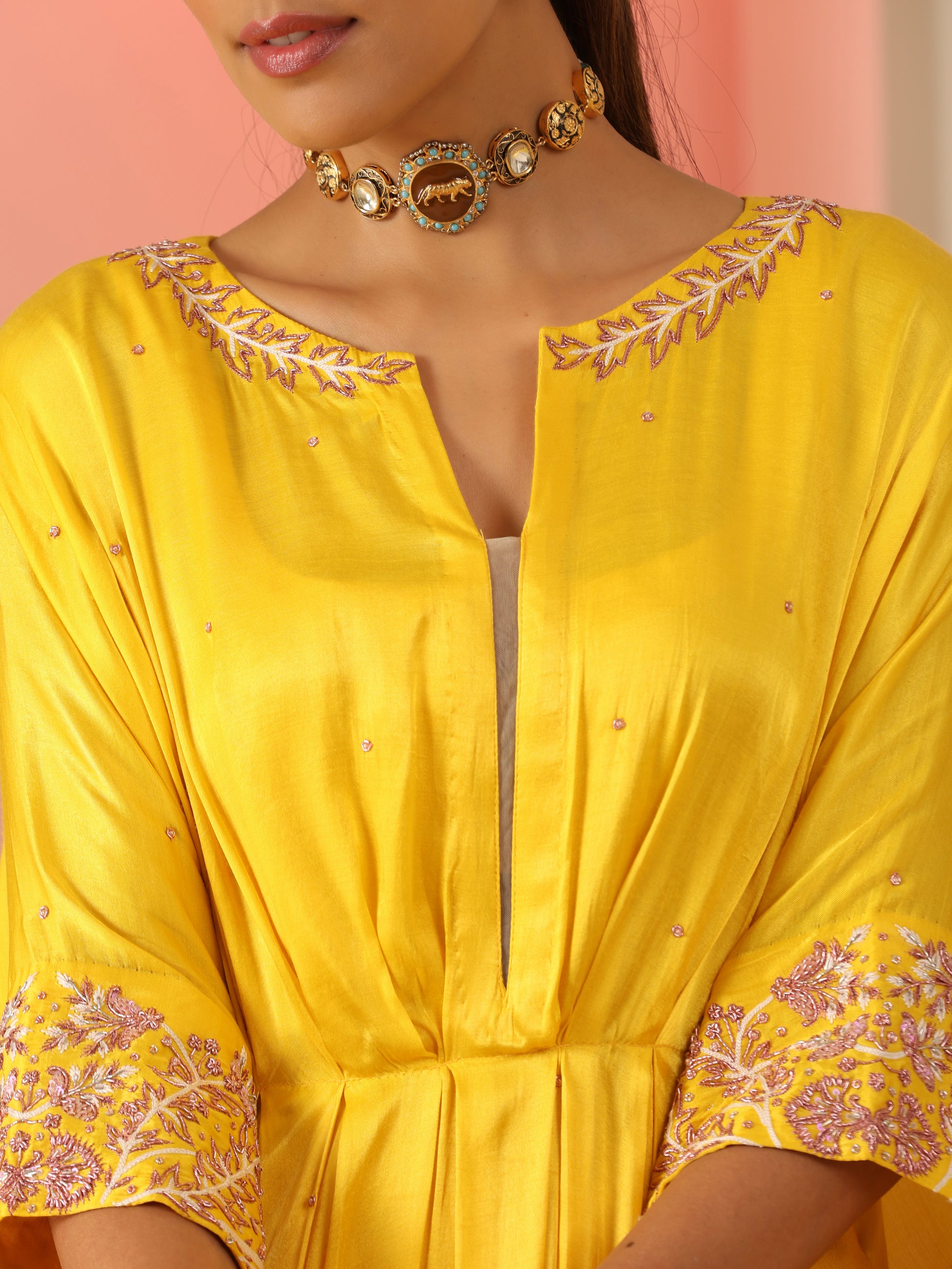 Yellow Pink Gold Gajji Silk Zardozi Kaftan Slotted Pants Set