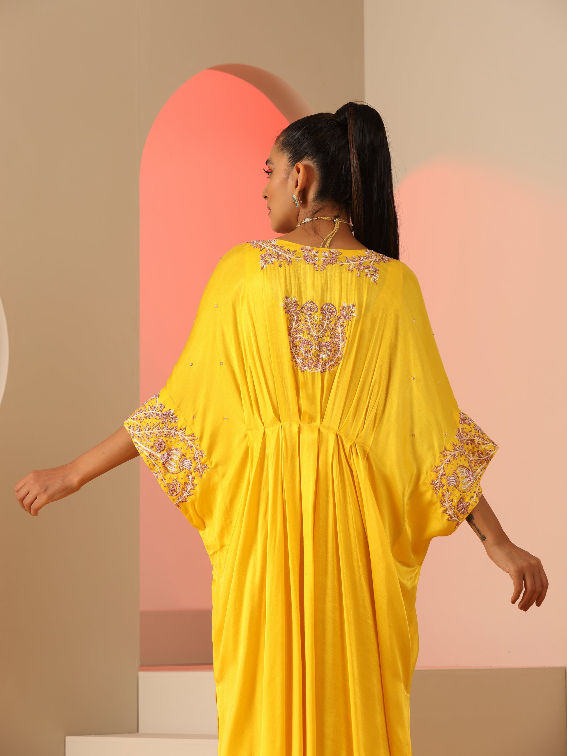 Yellow Pink Gold Gajji Silk Zardozi Kaftan Slotted Pants Set