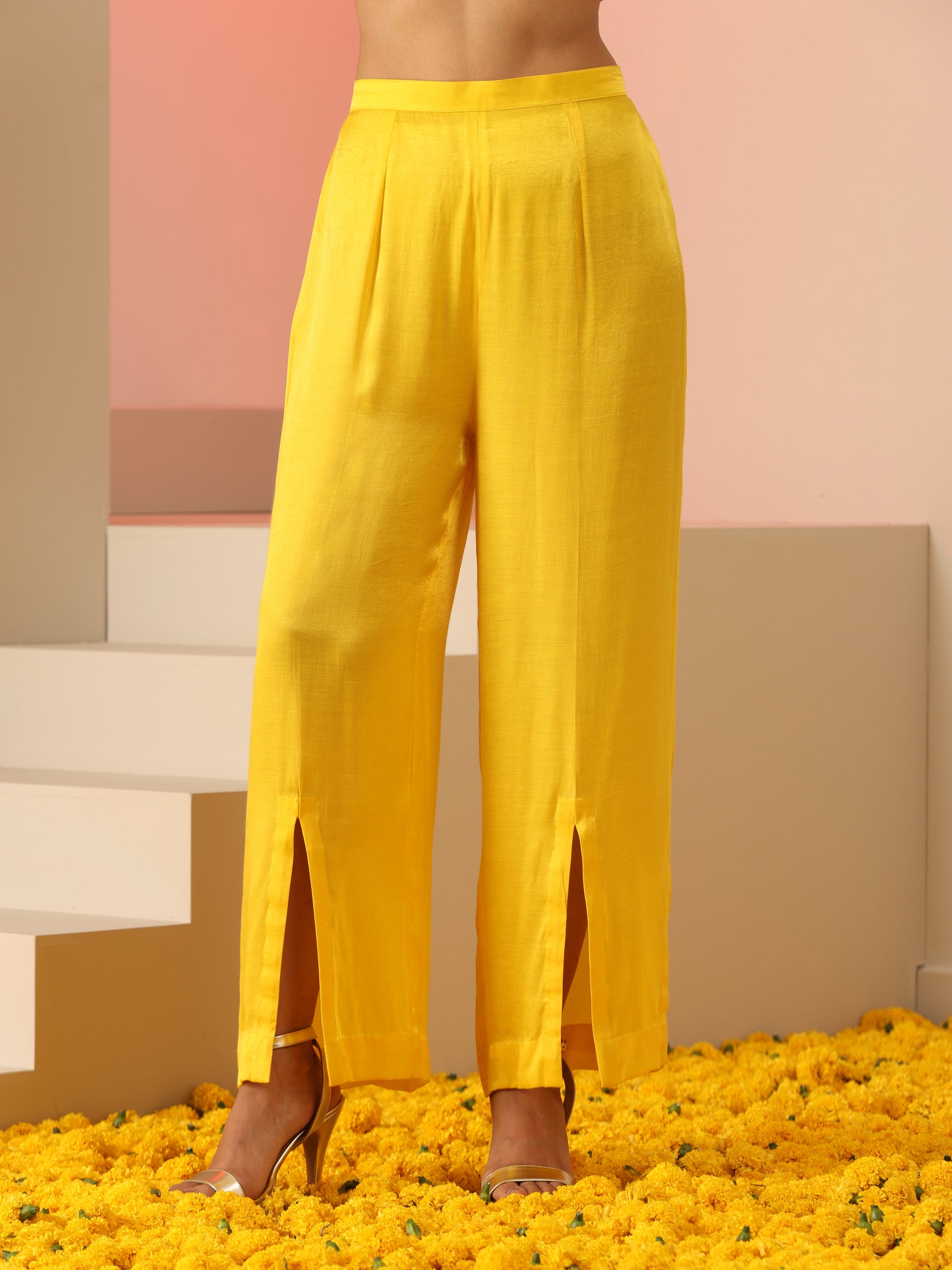 Yellow Pink Gold Gajji Silk Zardozi Kaftan Slotted Pants Set