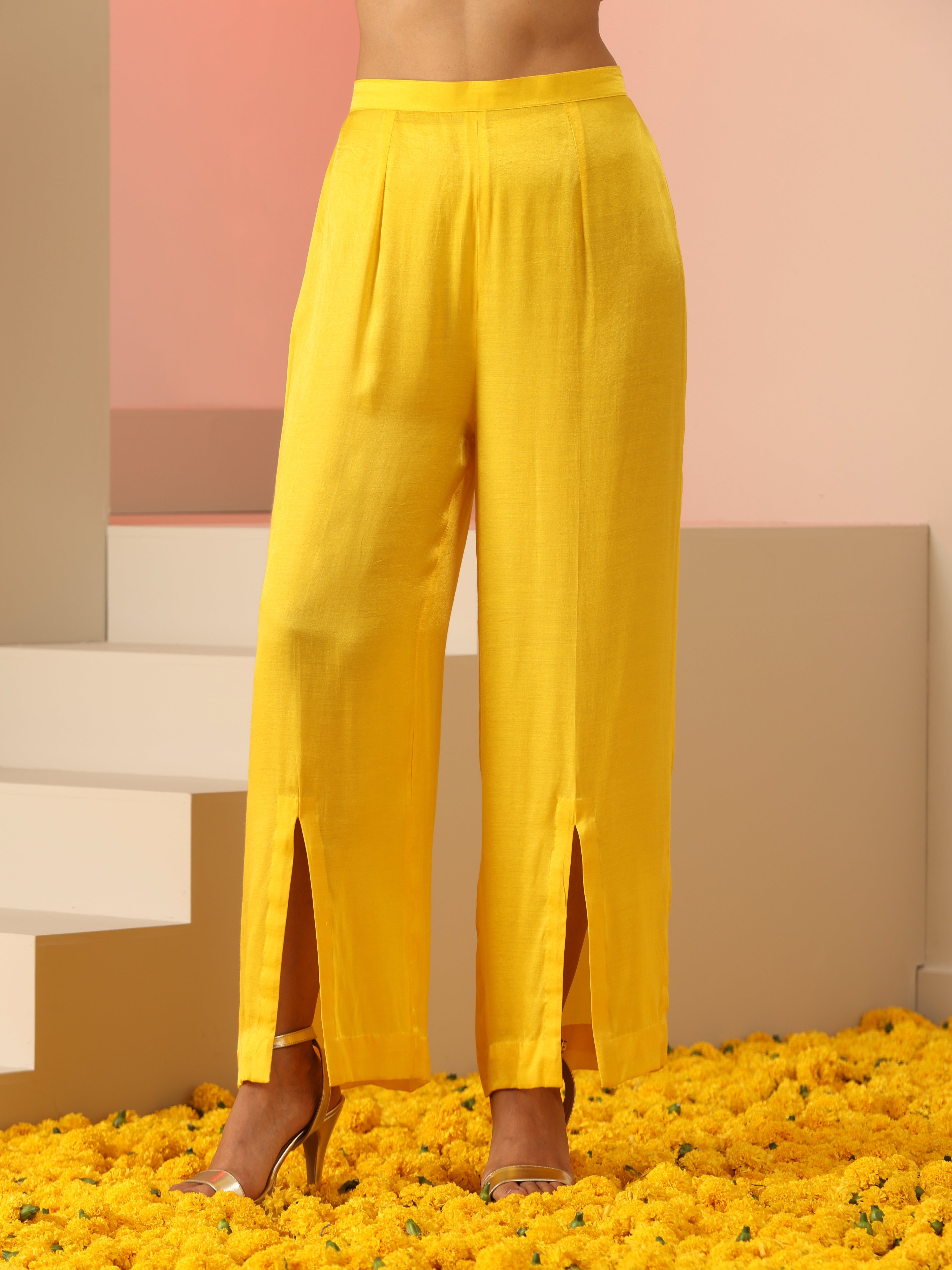 Yellow Pink Gold Gajji Silk Zardozi Kaftan Slotted Pants Set