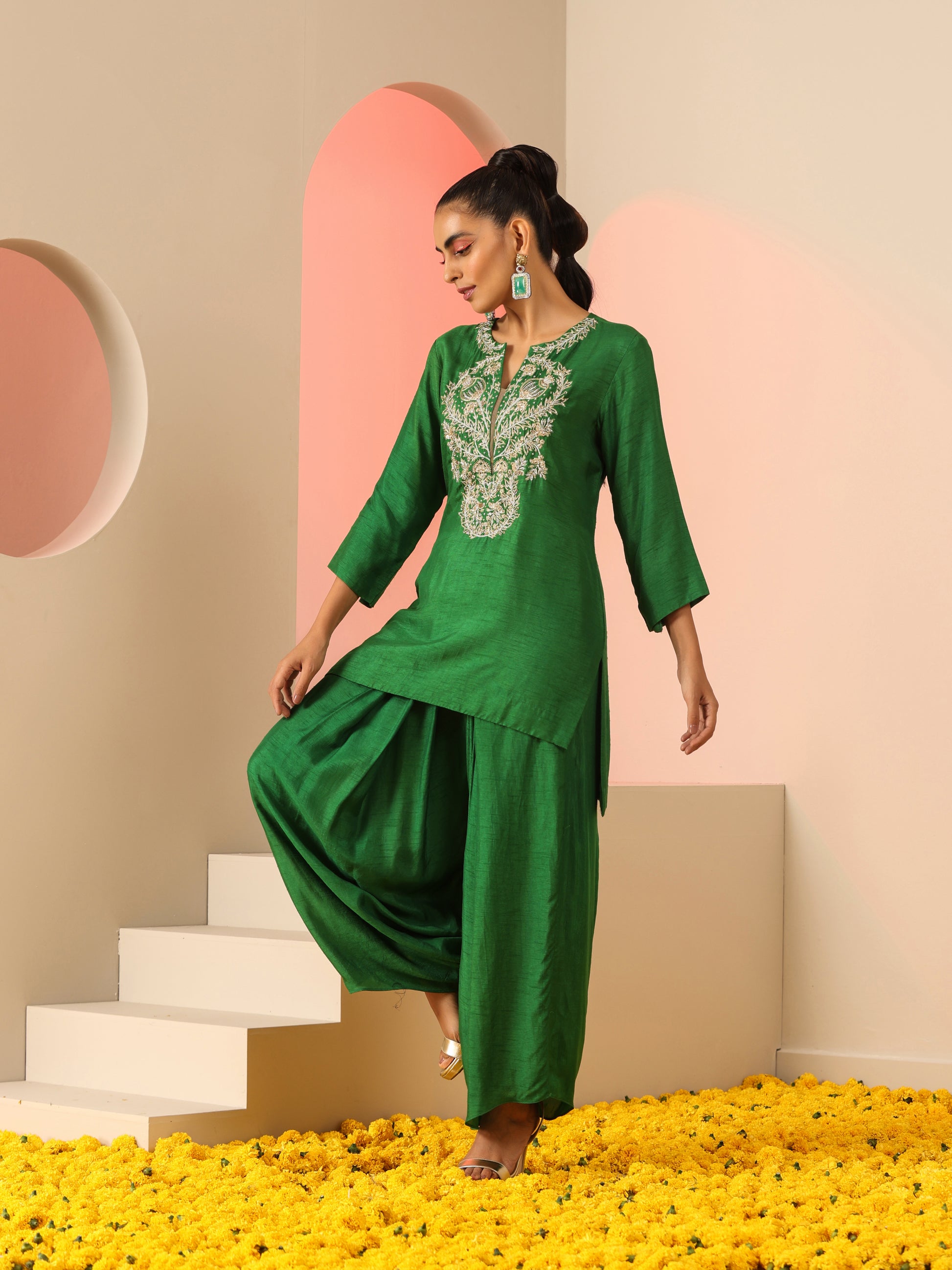 Green Dola Silk Zardozi Neck Kurta Salwar Pants Set