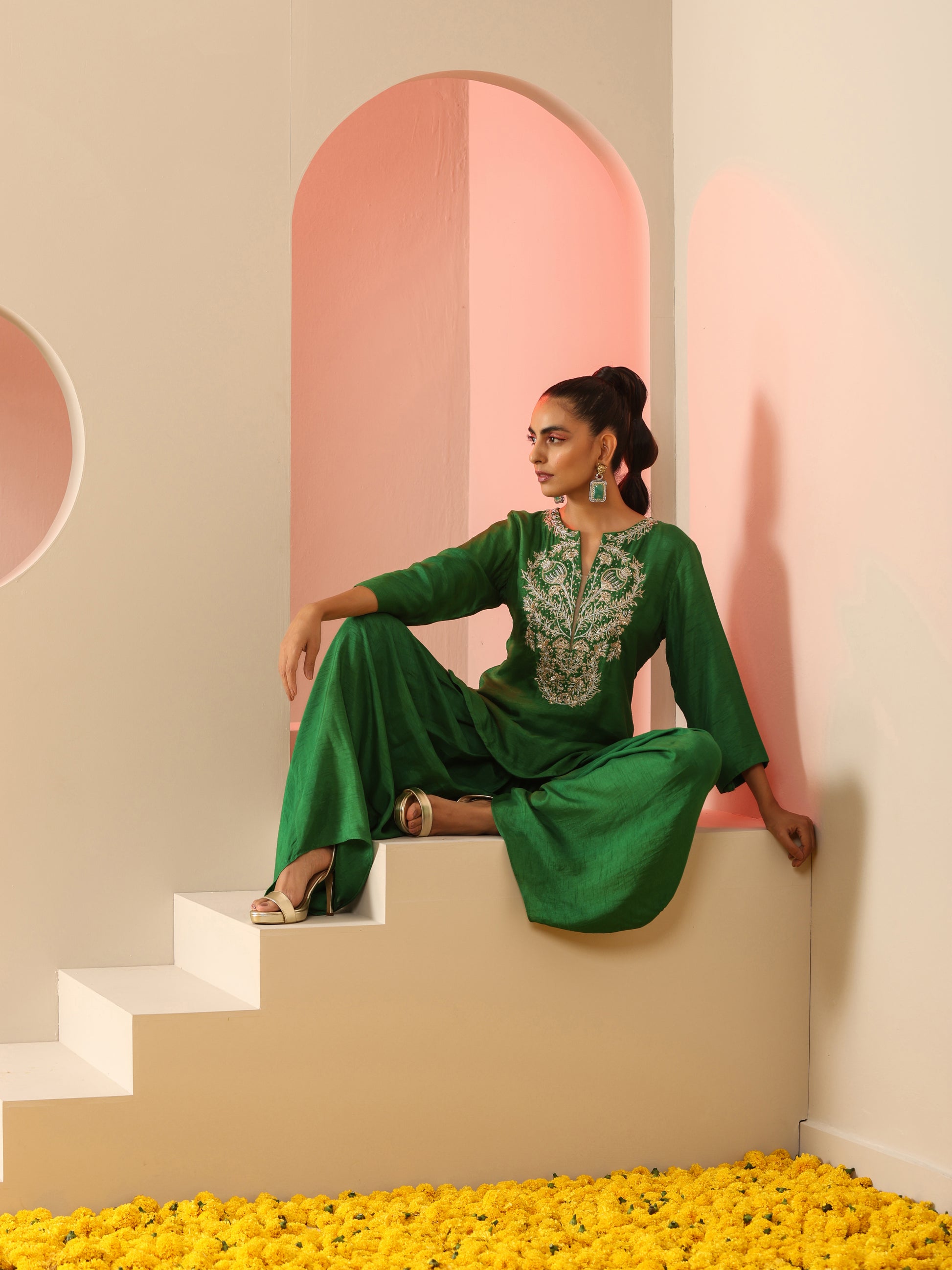 Green Dola Silk Zardozi Neck Kurta Salwar Pants Set