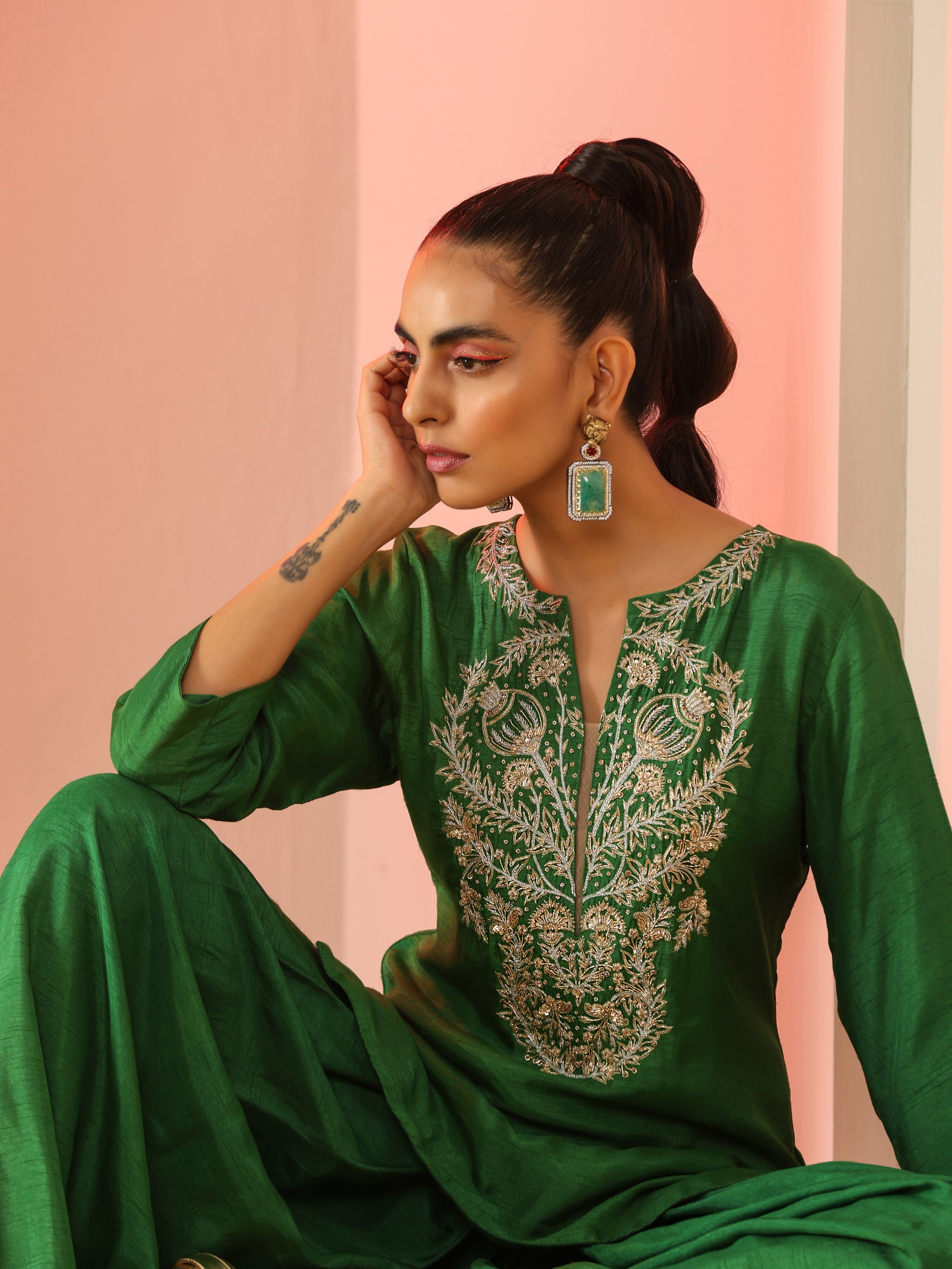 Green Dola Silk Zardozi Neck Kurta Salwar Pants Set