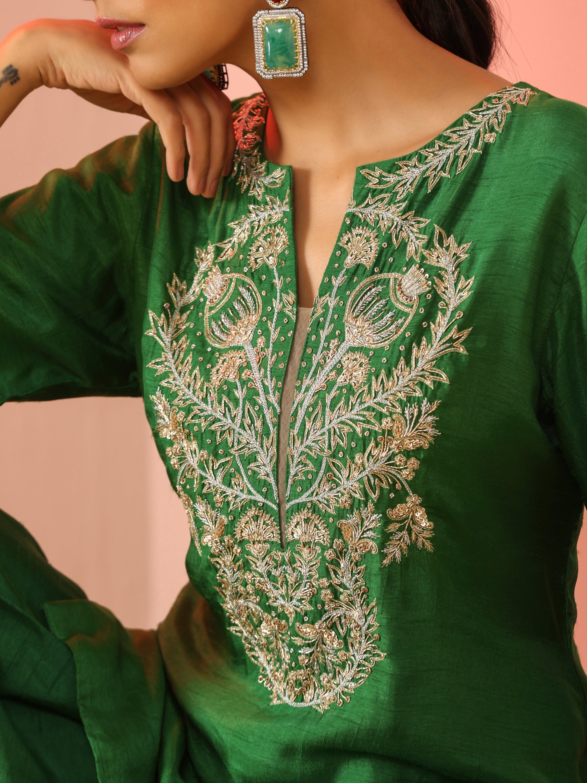 Green Dola Silk Zardozi Neck Kurta Salwar Pants Set