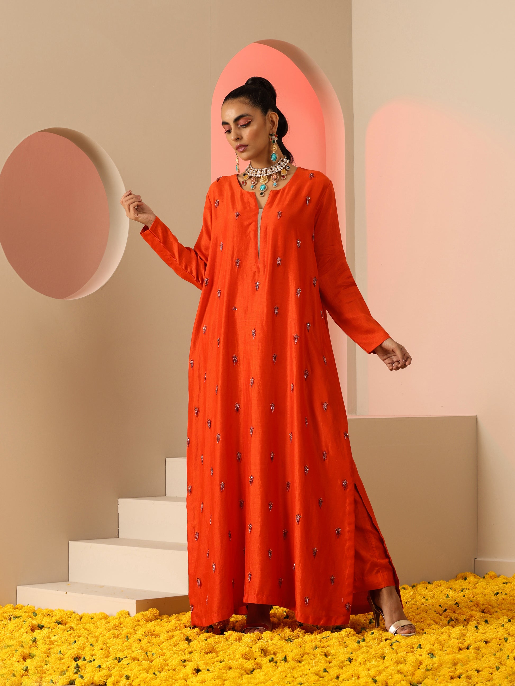 Orange Cotton Silk Net Bead Tassel Sequin Kurta Pants Dupatta Set