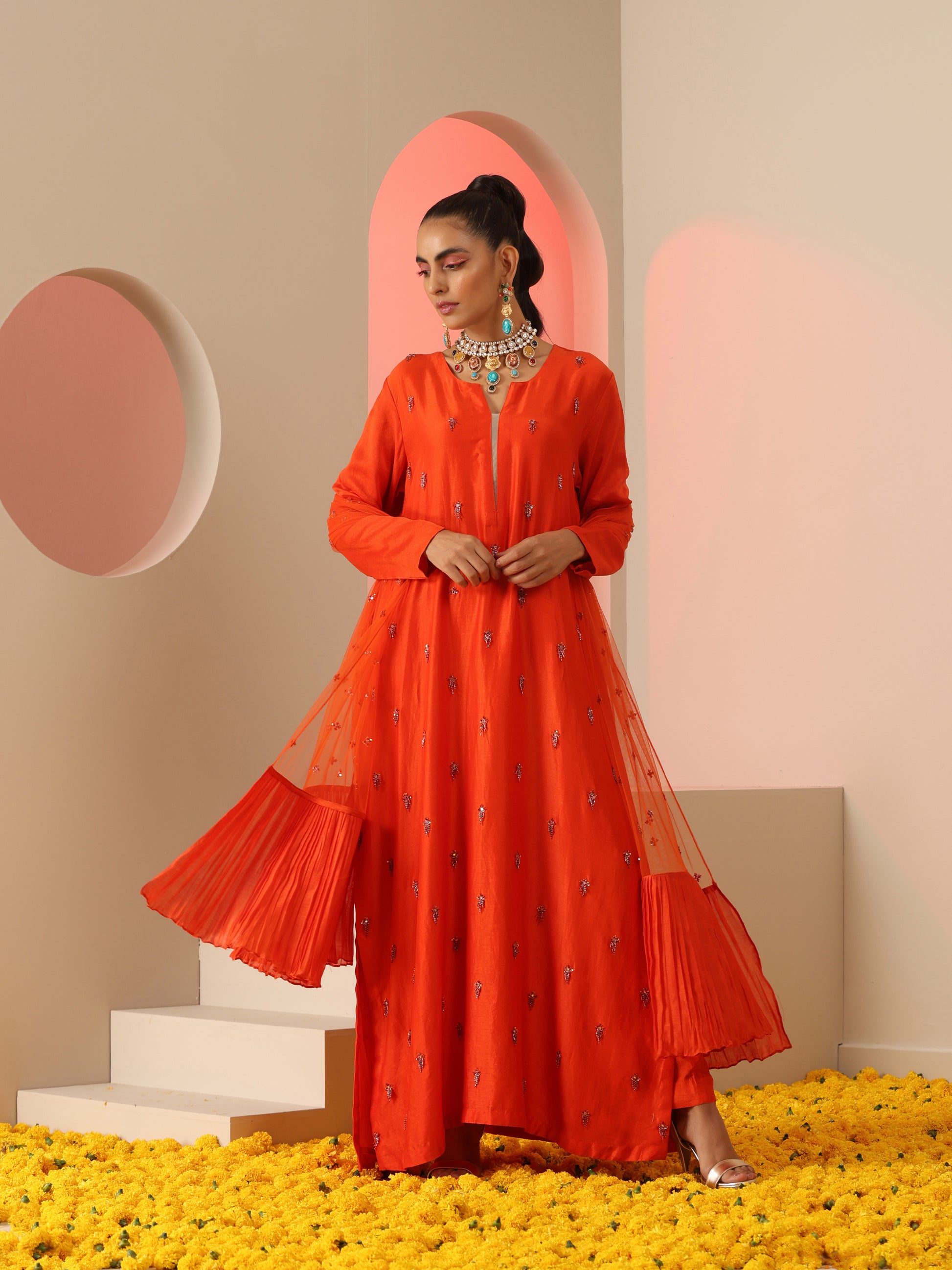 Orange Cotton Silk Net Bead Tassel Sequin Kurta Pants Dupatta Set