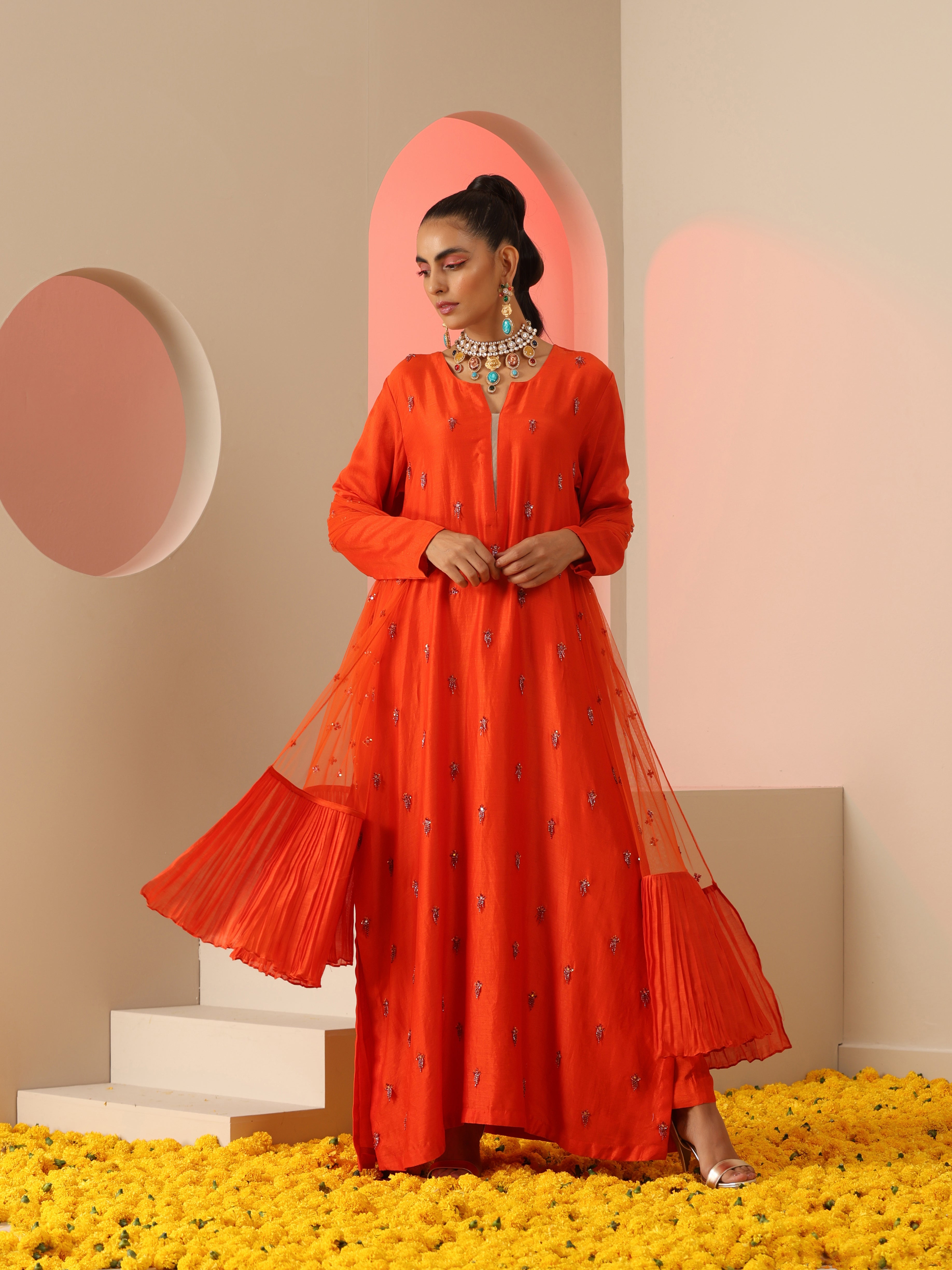 Orange Cotton Silk Net Bead Tassel Sequin Kurta Pants Dupatta Set
