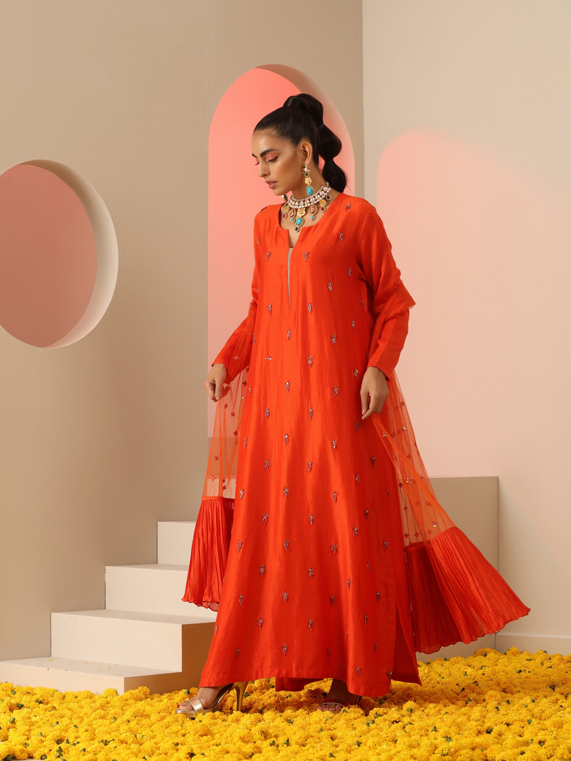 Orange Cotton Silk Net Bead Tassel Sequin Kurta Pants Dupatta Set