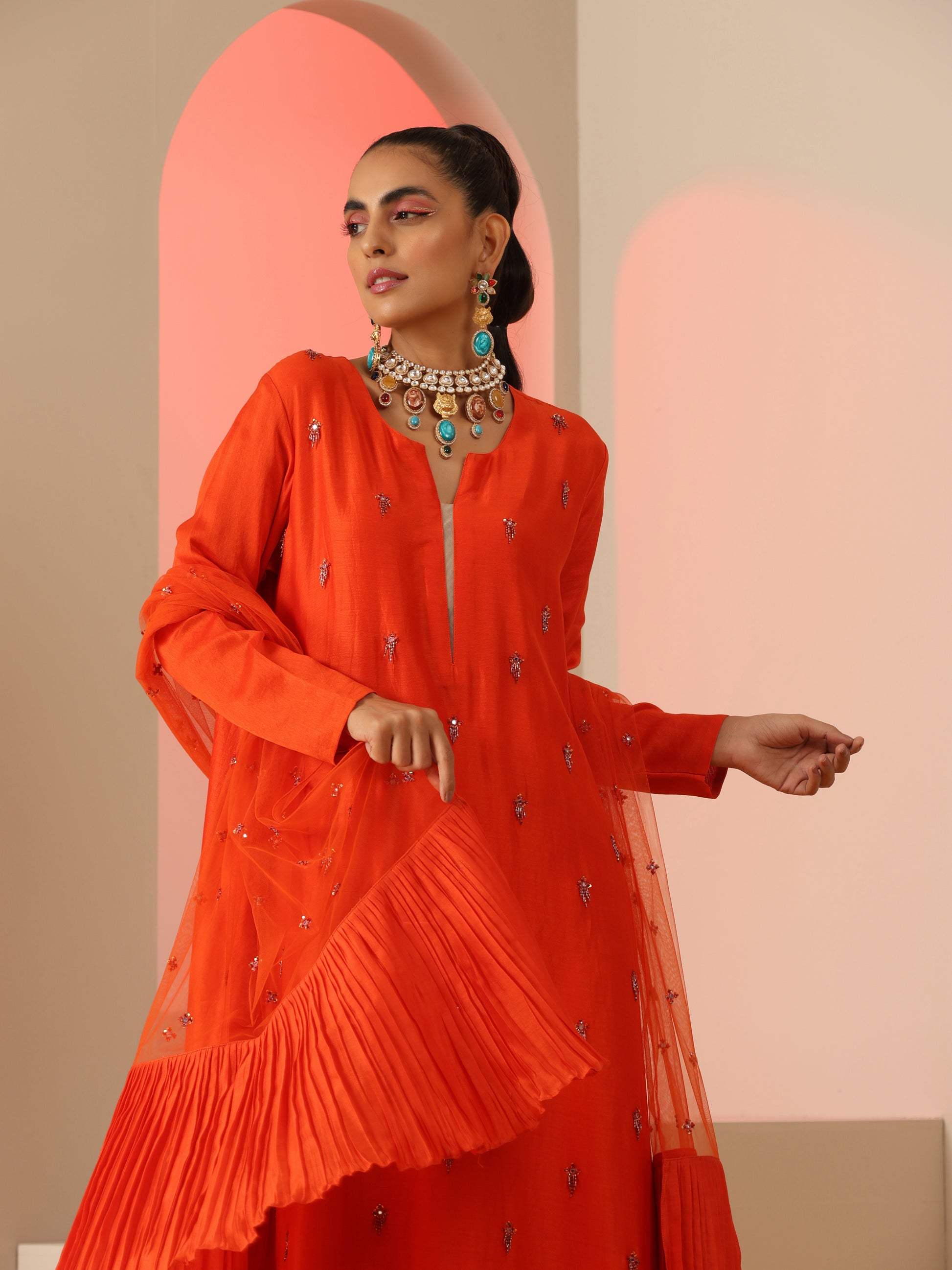 Orange Cotton Silk Net Bead Tassel Sequin Kurta Pants Dupatta Set