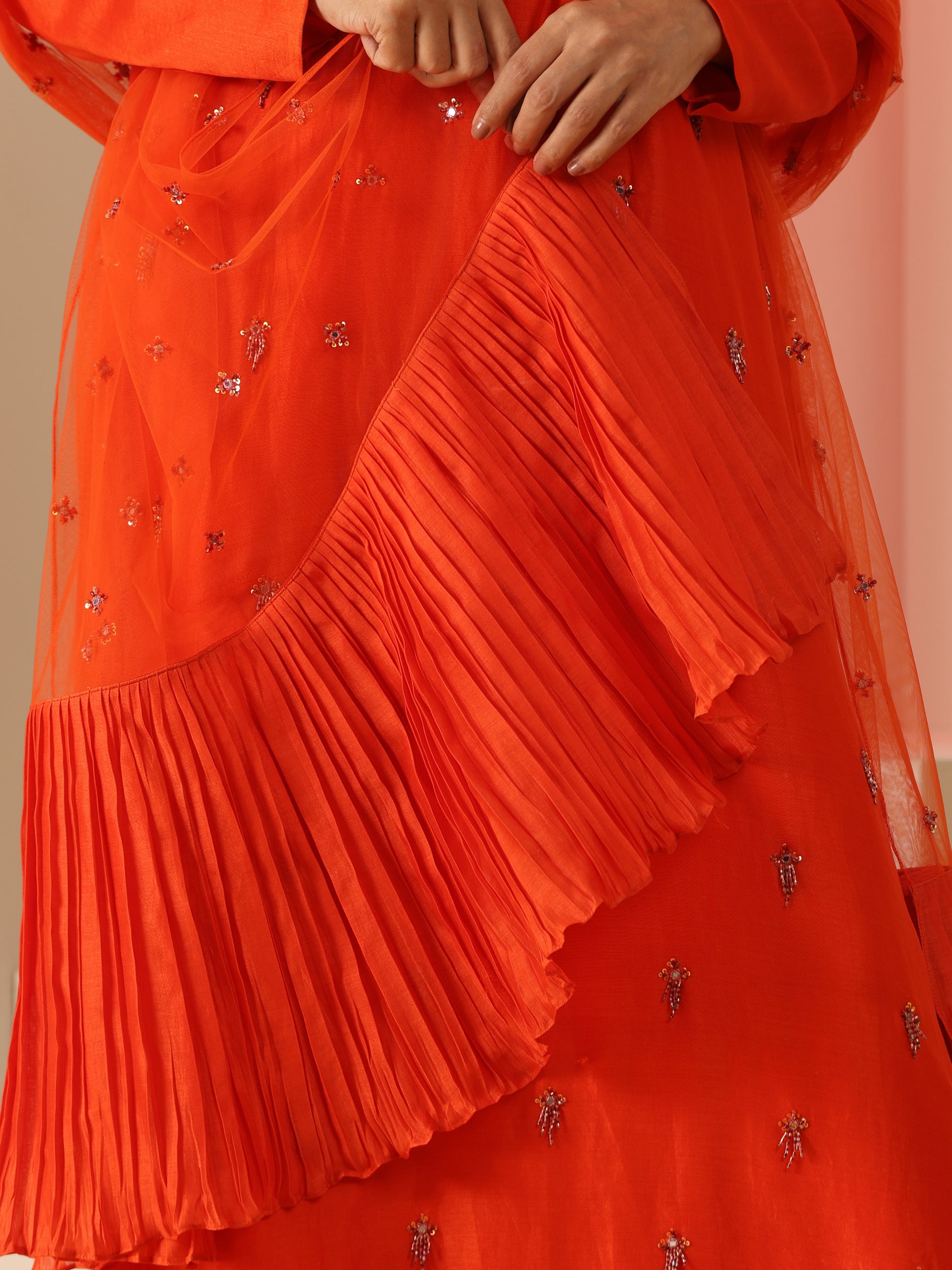 Orange Cotton Silk Net Bead Tassel Sequin Kurta Pants Dupatta Set
