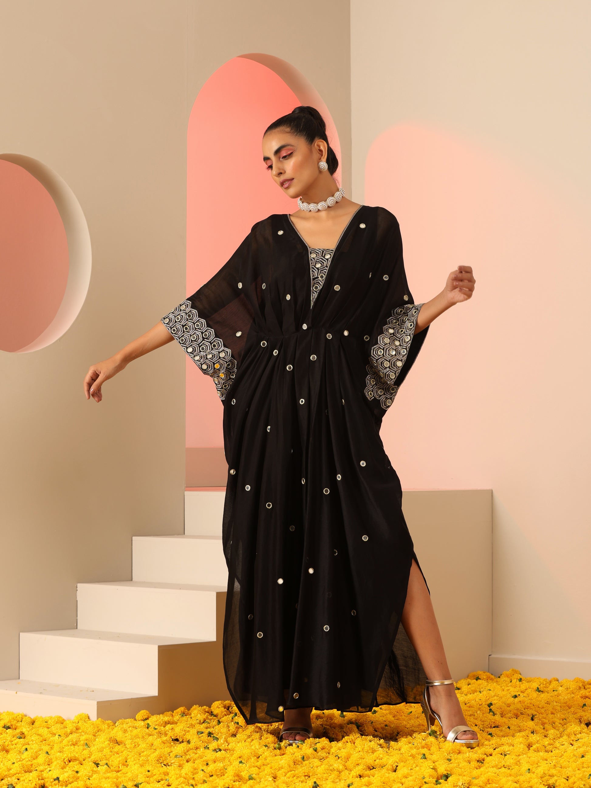 Black Cotton Silk Zari Mirror Work Kaftan Dress with Slip