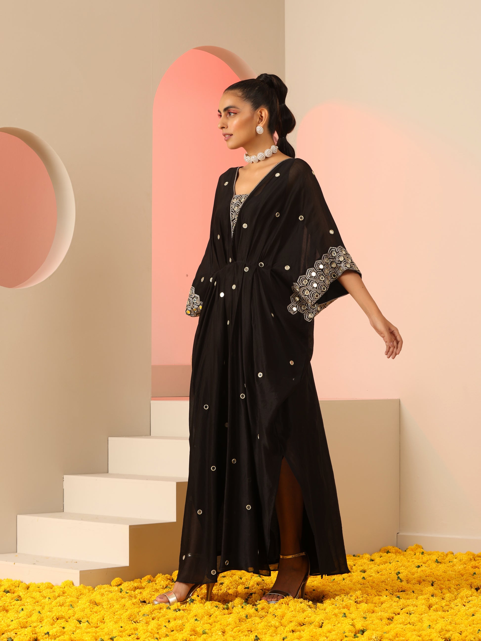 Black Cotton Silk Zari Mirror Work Kaftan Dress with Slip