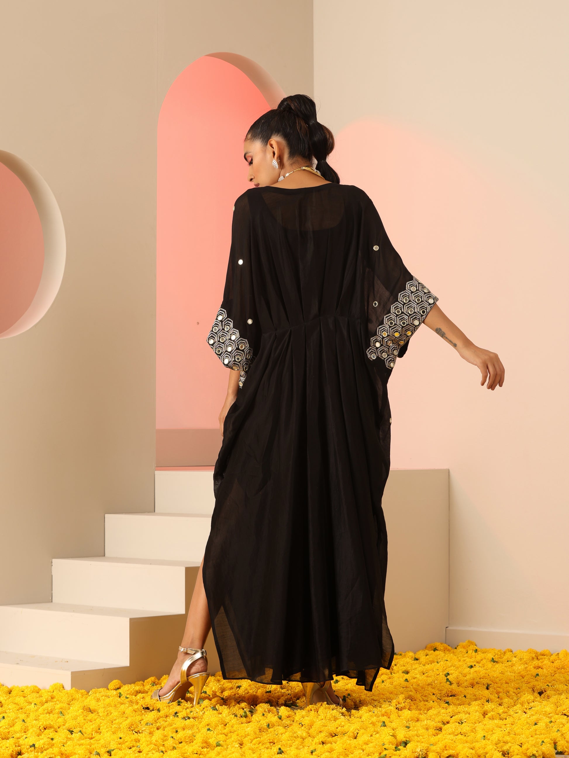 Black Cotton Silk Zari Mirror Work Kaftan Dress with Slip