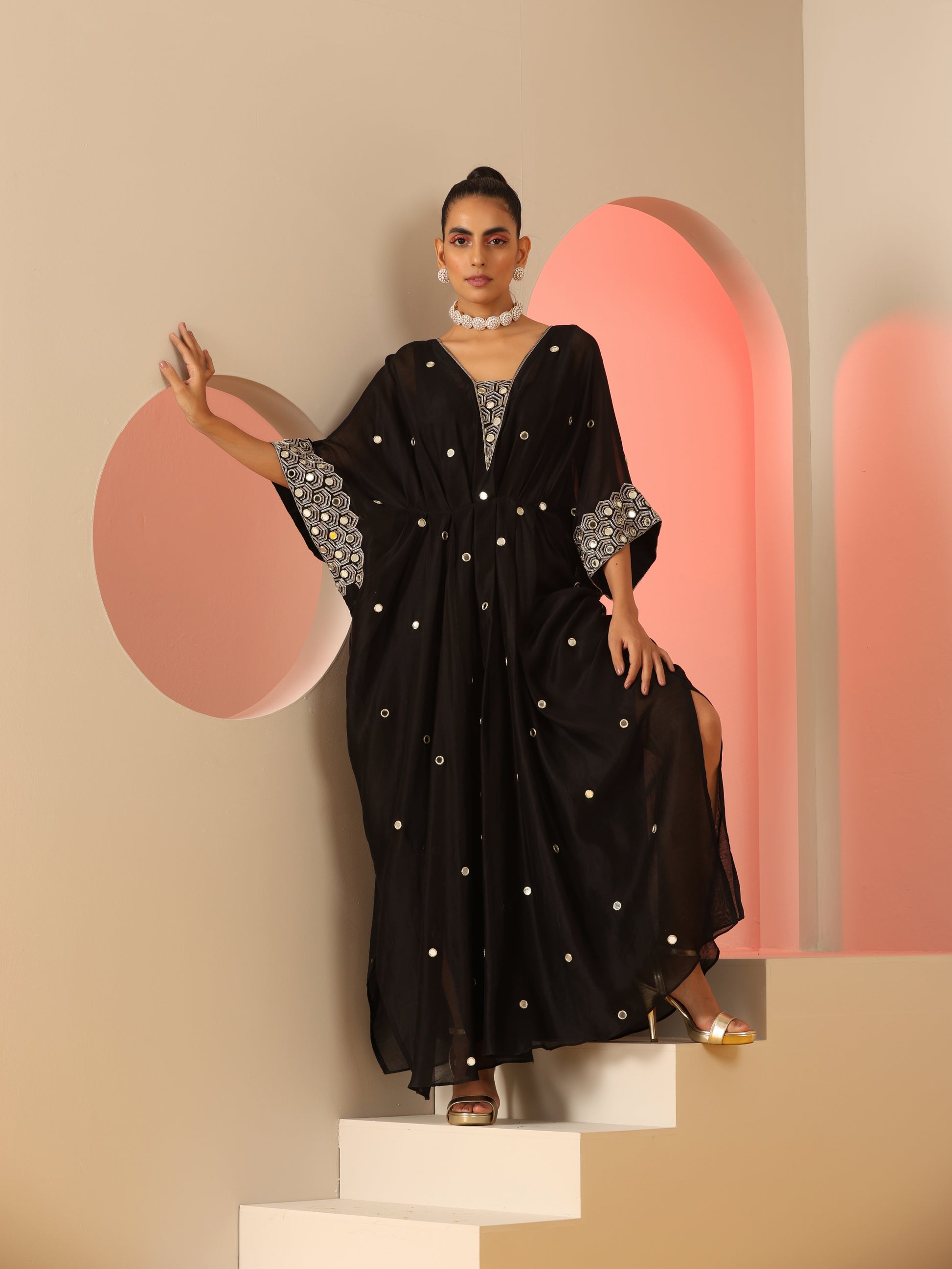 Black Cotton Silk Zari Mirror Work Kaftan Dress with Slip