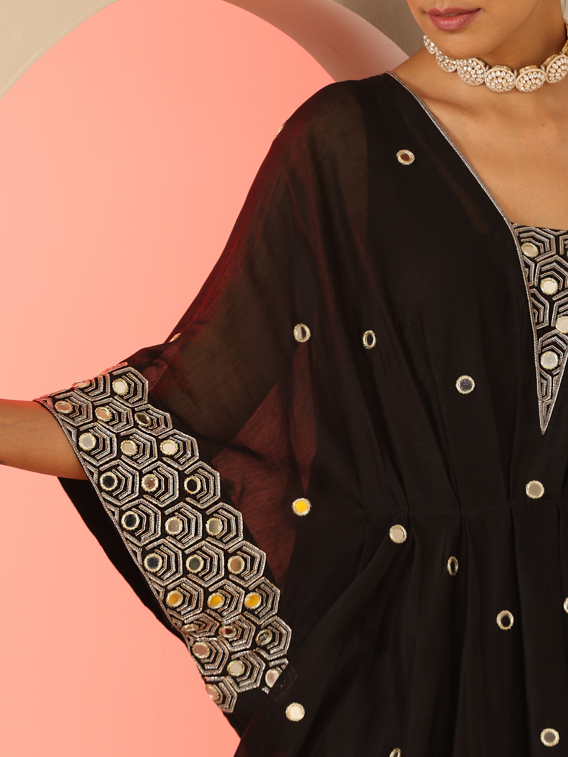 Black Cotton Silk Zari Mirror Work Kaftan Dress with Slip