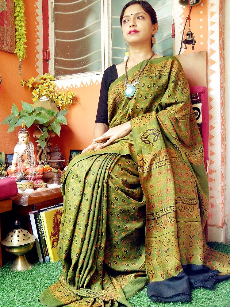 Olive Green Black Mulberry Silk Ajrakh Handblock Saree Nature Inspired