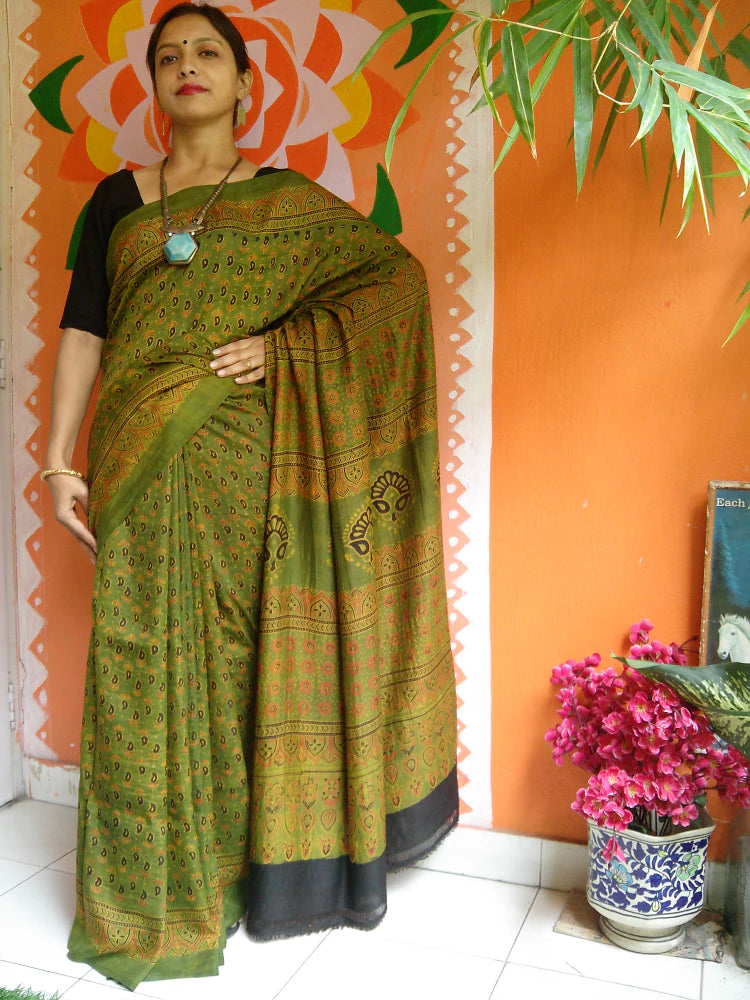 Olive Green Black Mulberry Silk Ajrakh Handblock Saree Nature Inspired