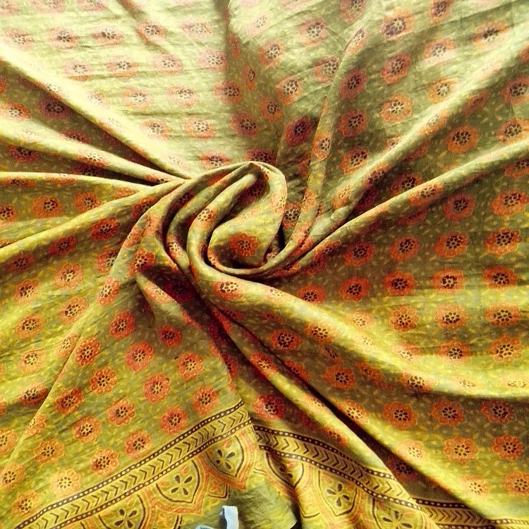 Olive Green Black Mulberry Silk Ajrakh Handblock Saree Nature Inspired