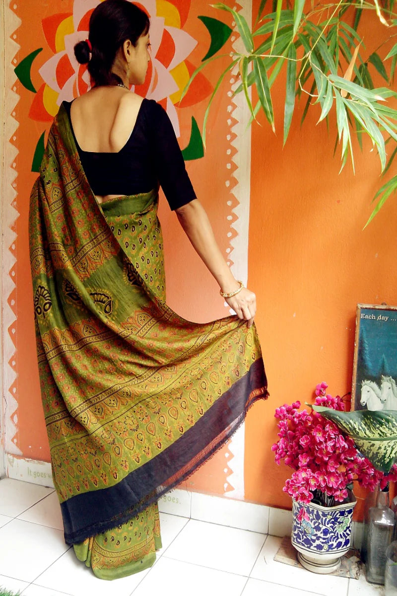 Olive Green Black Mulberry Silk Ajrakh Handblock Saree Nature Inspired