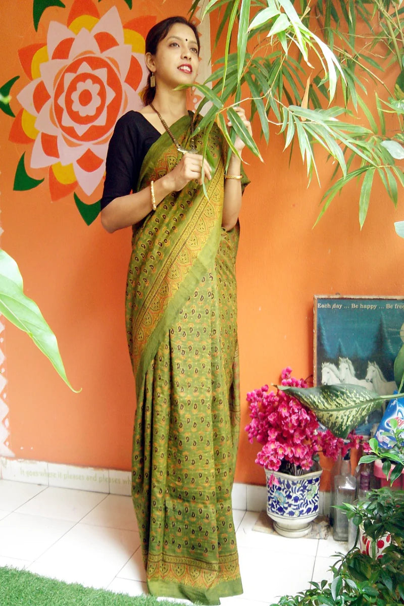 Olive Green Black Mulberry Silk Ajrakh Handblock Saree Nature Inspired