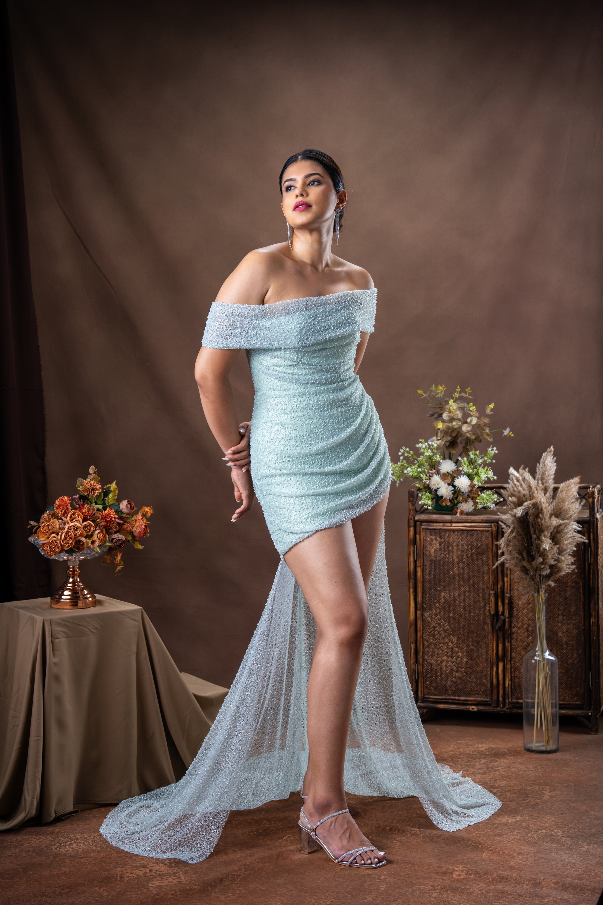 Full-length gown with fitted bodice and A-line skirt