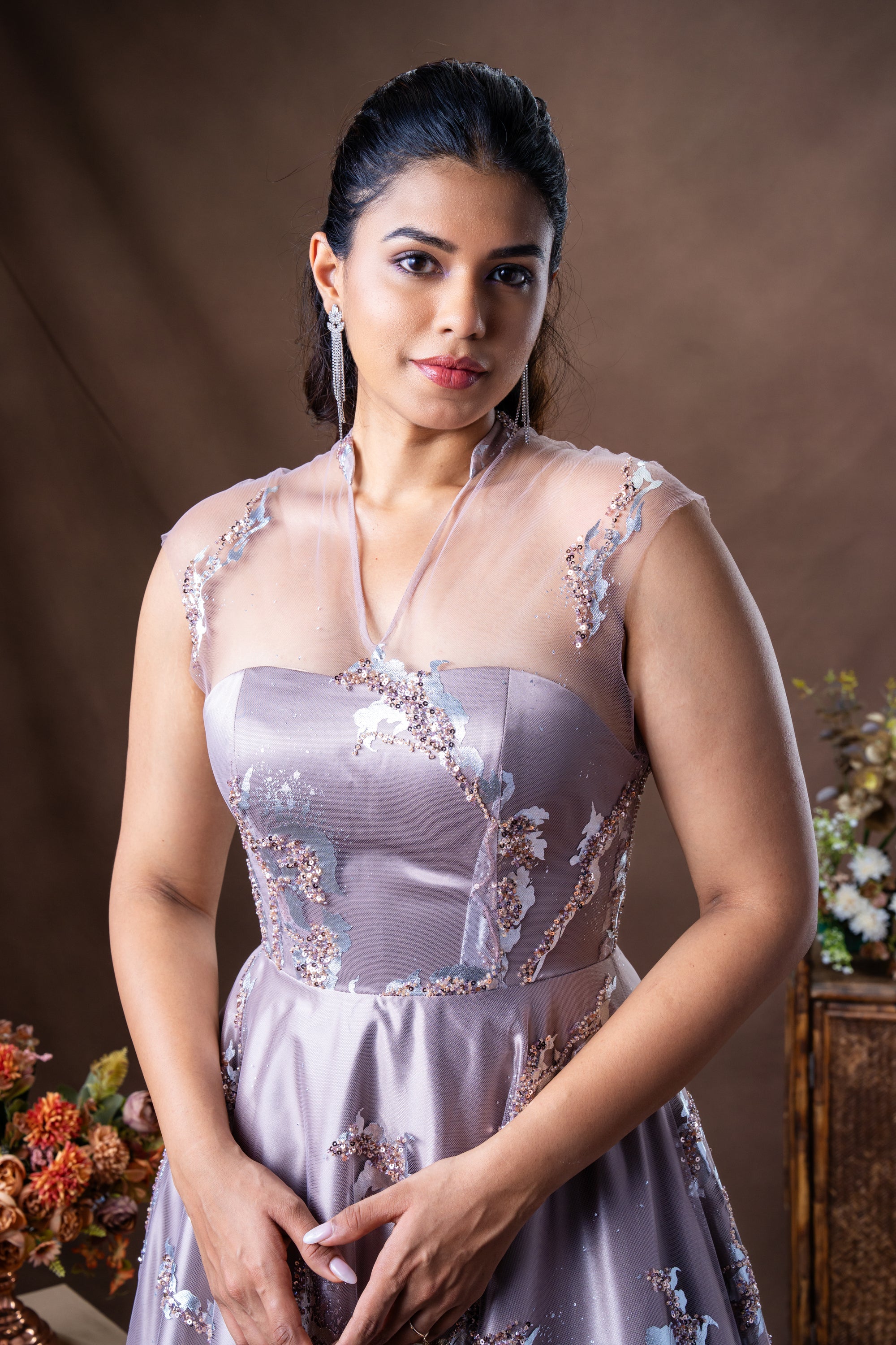 Evening dress with structured bodice and gentle skirt flare