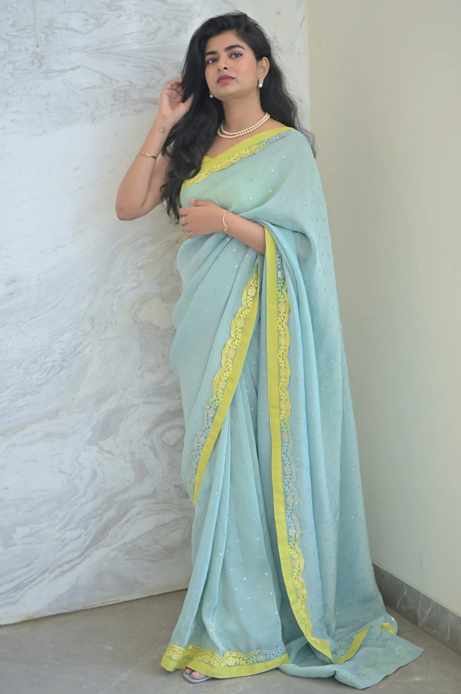Mint Glow Tissue Saree with Yellow Border - Modern Silk Saree