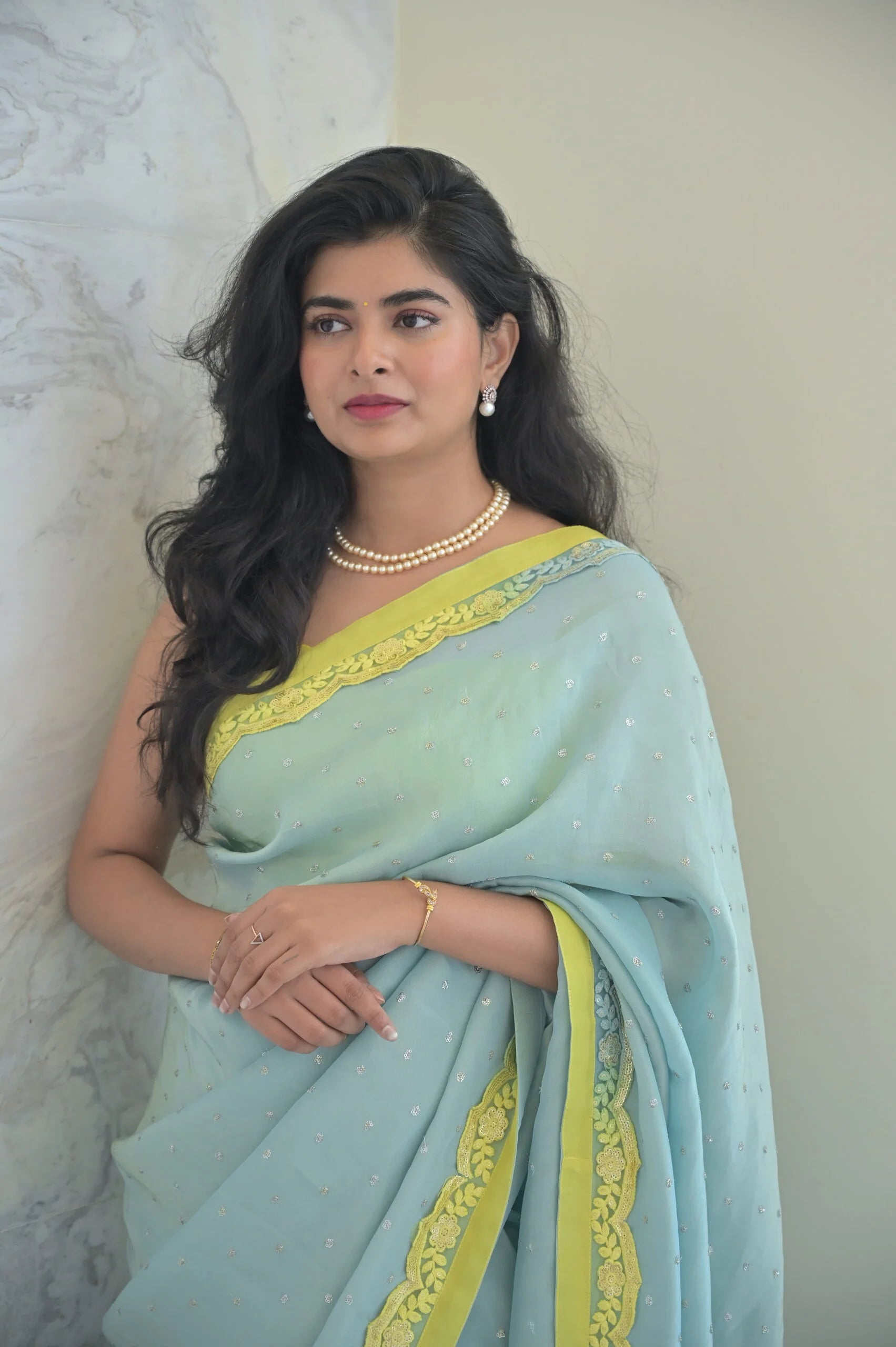 Mint Glow Tissue Saree with Yellow Border - Modern Silk Saree