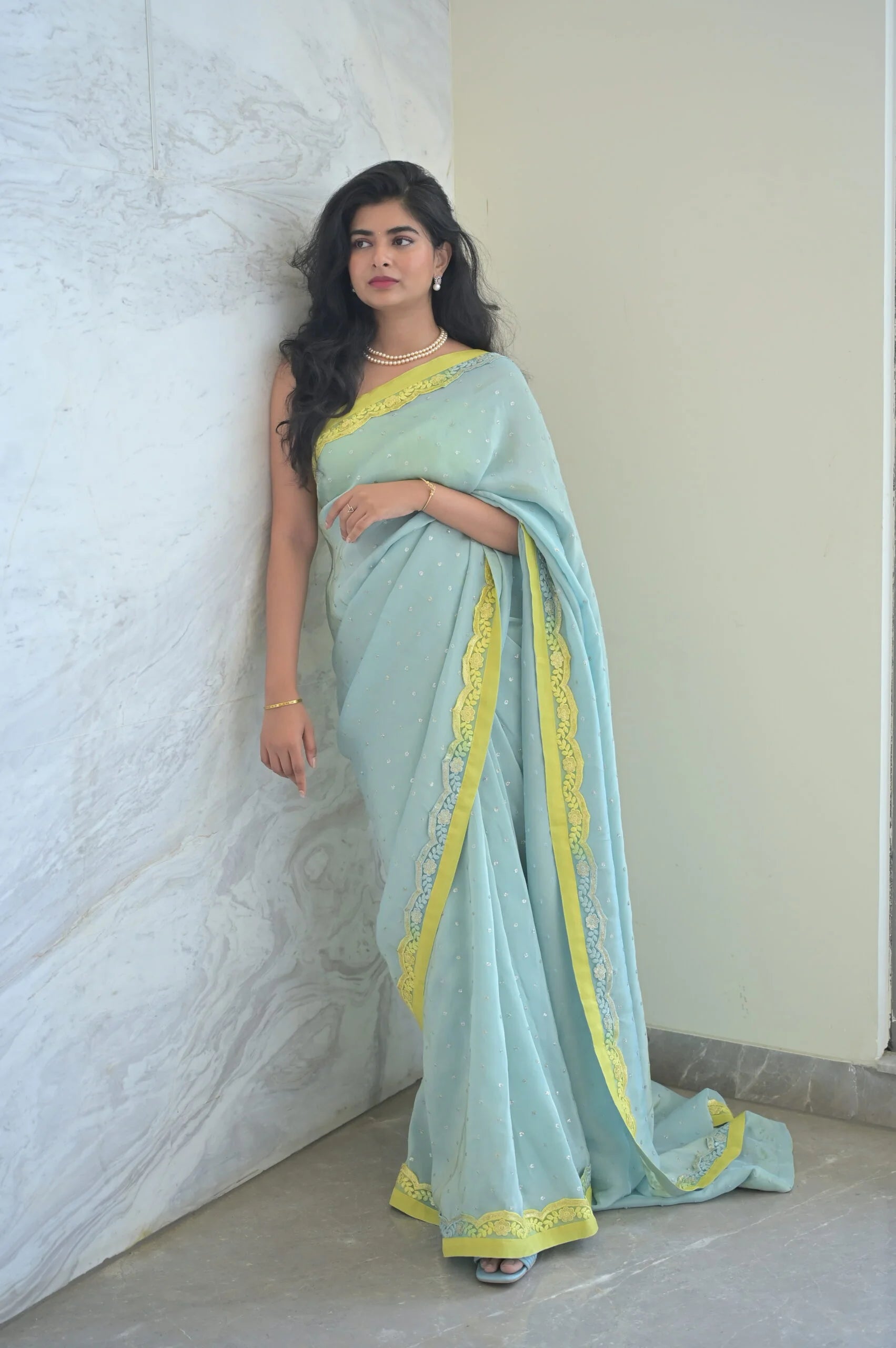 Mint Glow Tissue Saree with Yellow Border - Modern Silk Saree