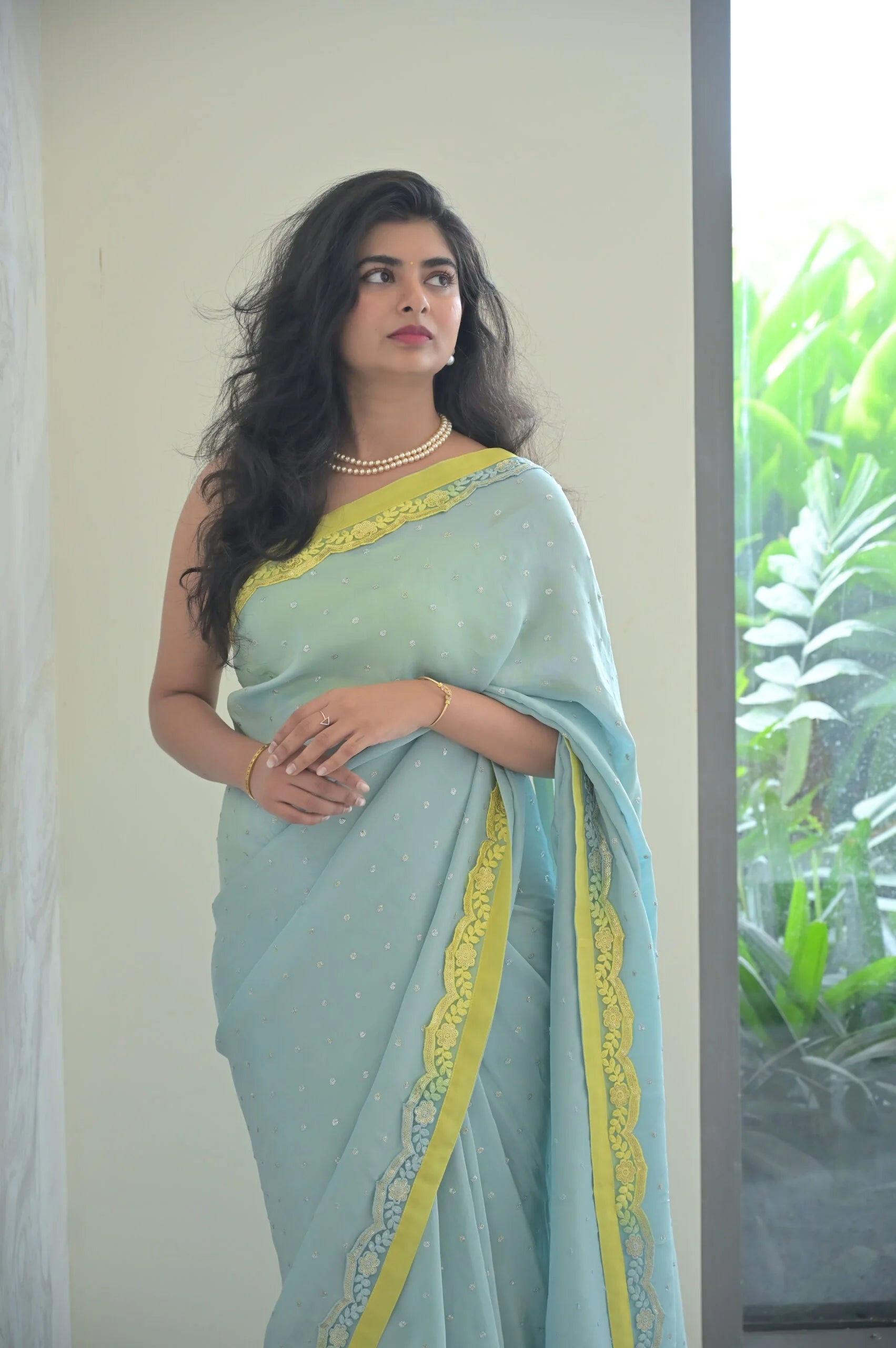 Mint Glow Tissue Saree with Yellow Border - Modern Silk Saree