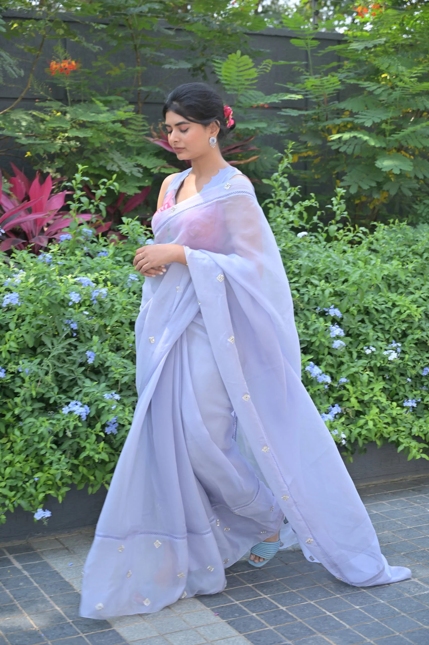 Light Steel Gray Floral Organza Saree - Handmade Saree
