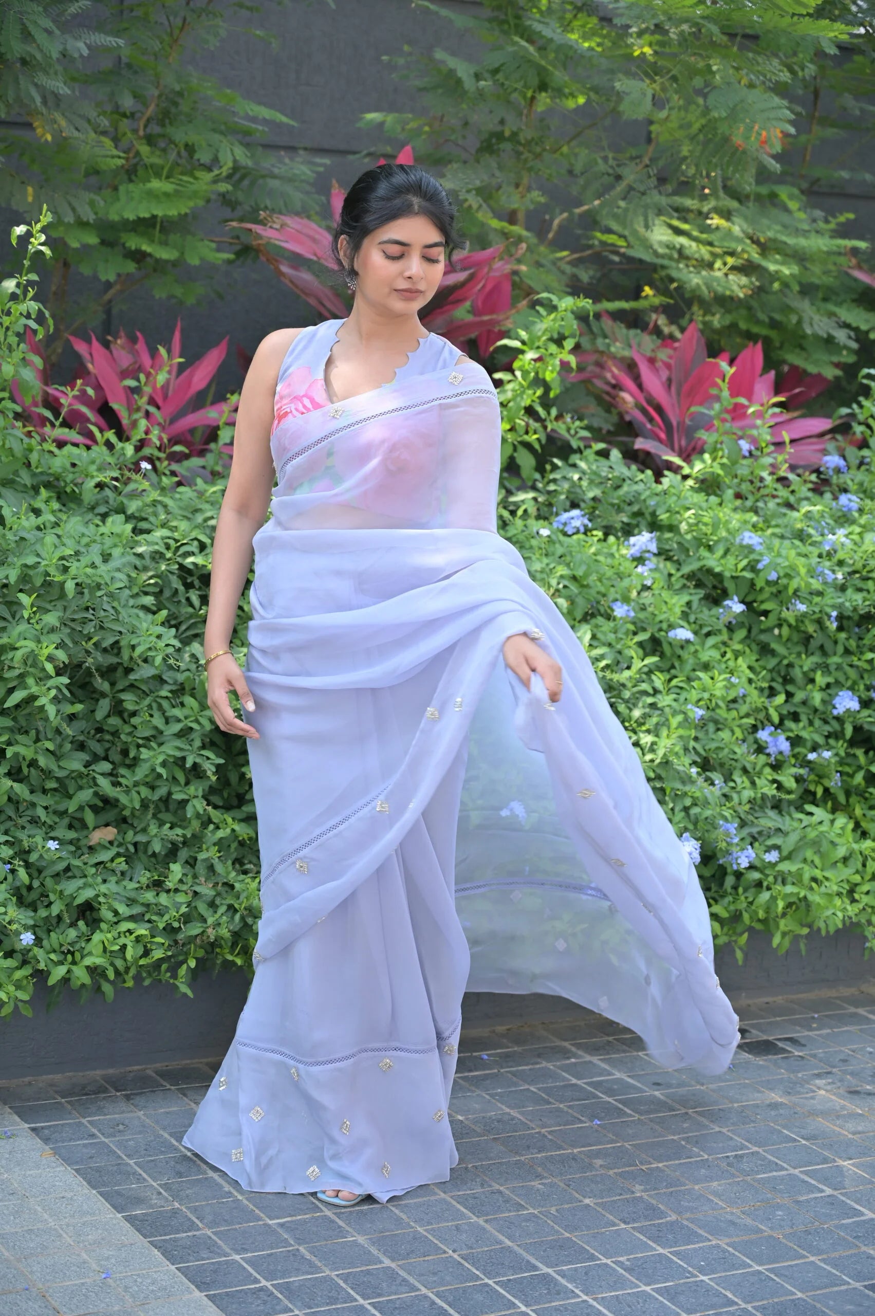 Light Steel Gray Floral Organza Saree - Handmade Saree