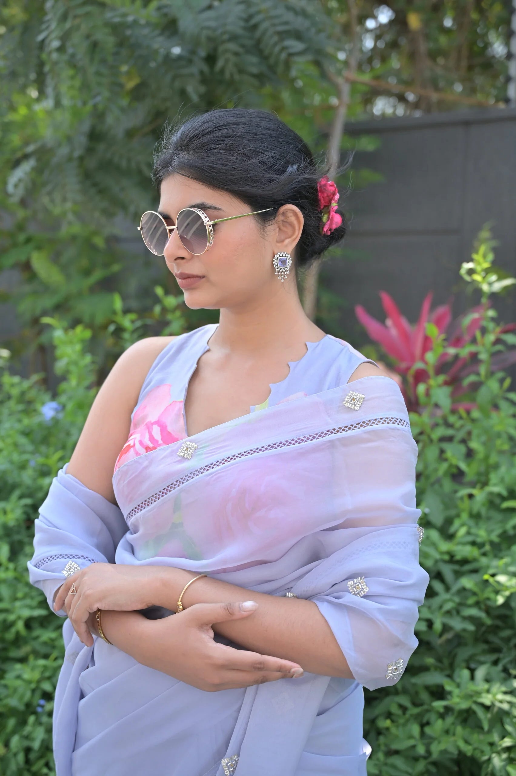 Light Steel Gray Floral Organza Saree - Handmade Saree
