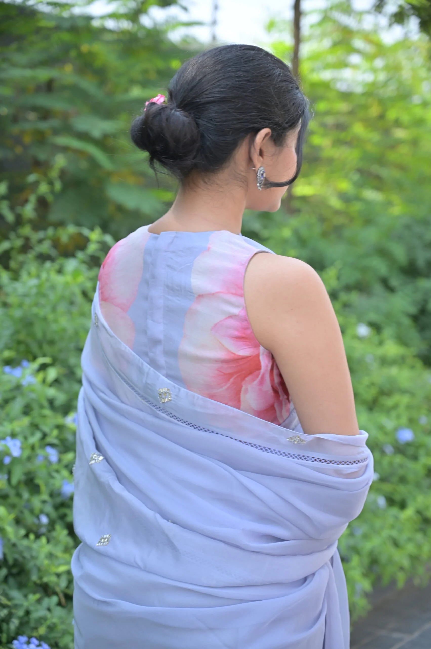 Light Steel Gray Floral Organza Saree - Handmade Saree