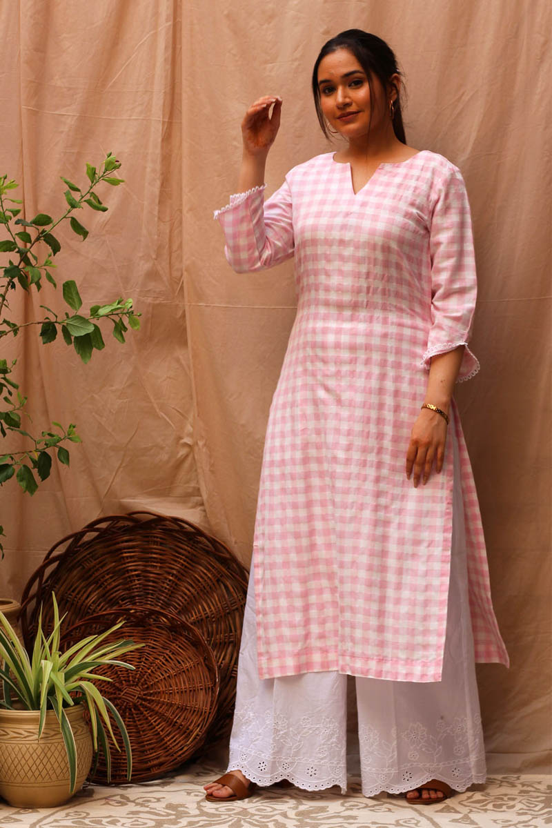 Serene Pink White Cotton Checked Kurta Scalloped Flared Pant Set