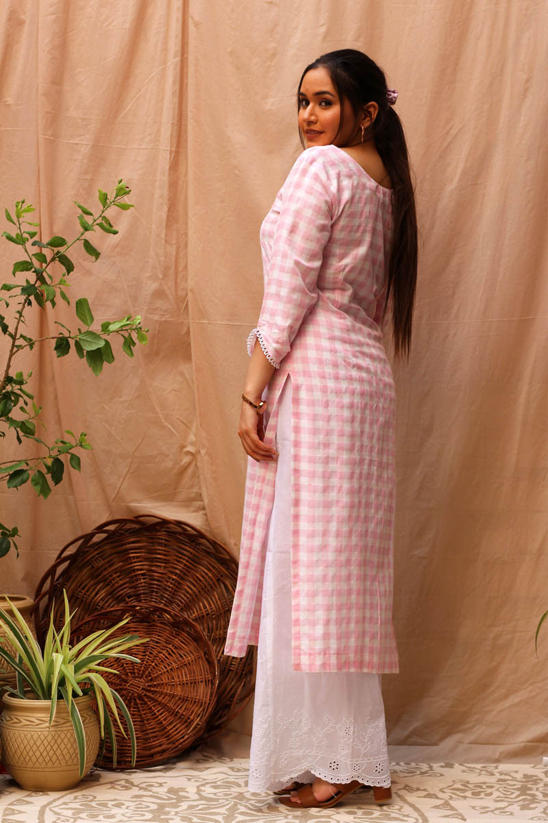Serene Pink White Cotton Checked Kurta Scalloped Flared Pant Set