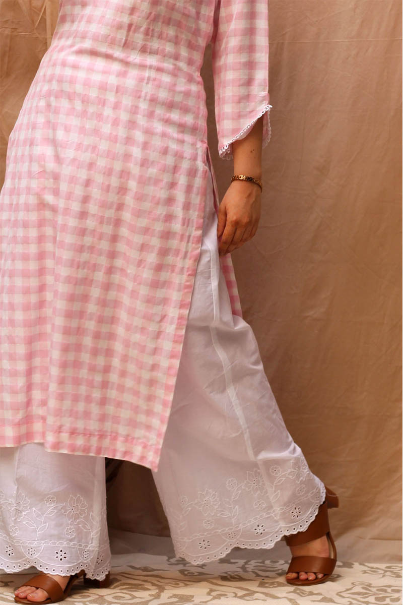 Serene Pink White Cotton Checked Kurta Scalloped Flared Pant Set