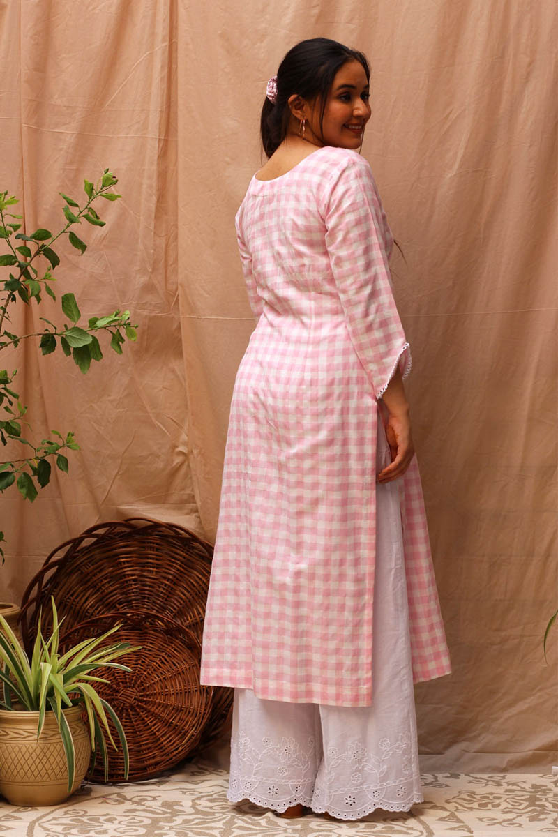 Serene Pink White Cotton Checked Kurta Scalloped Flared Pant Set