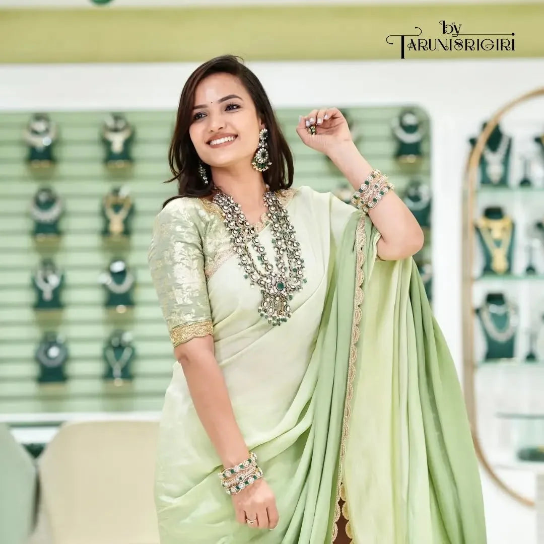 Luxurious Green Pista Brocade Banaras Silk Saree Zardozi Embroidery