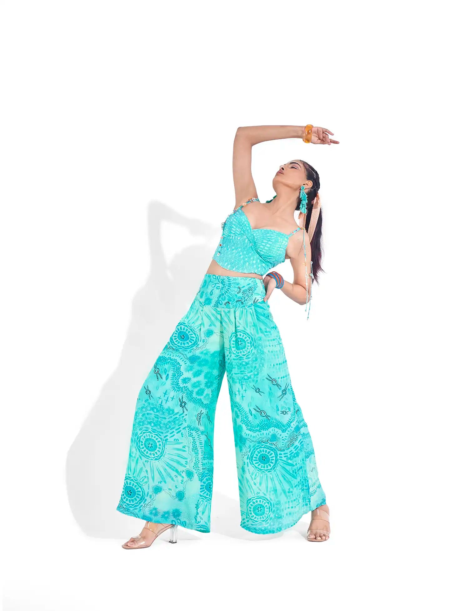 Opulent Blue Aqua Organza Raya Corset Top & Corsetted Pants Set