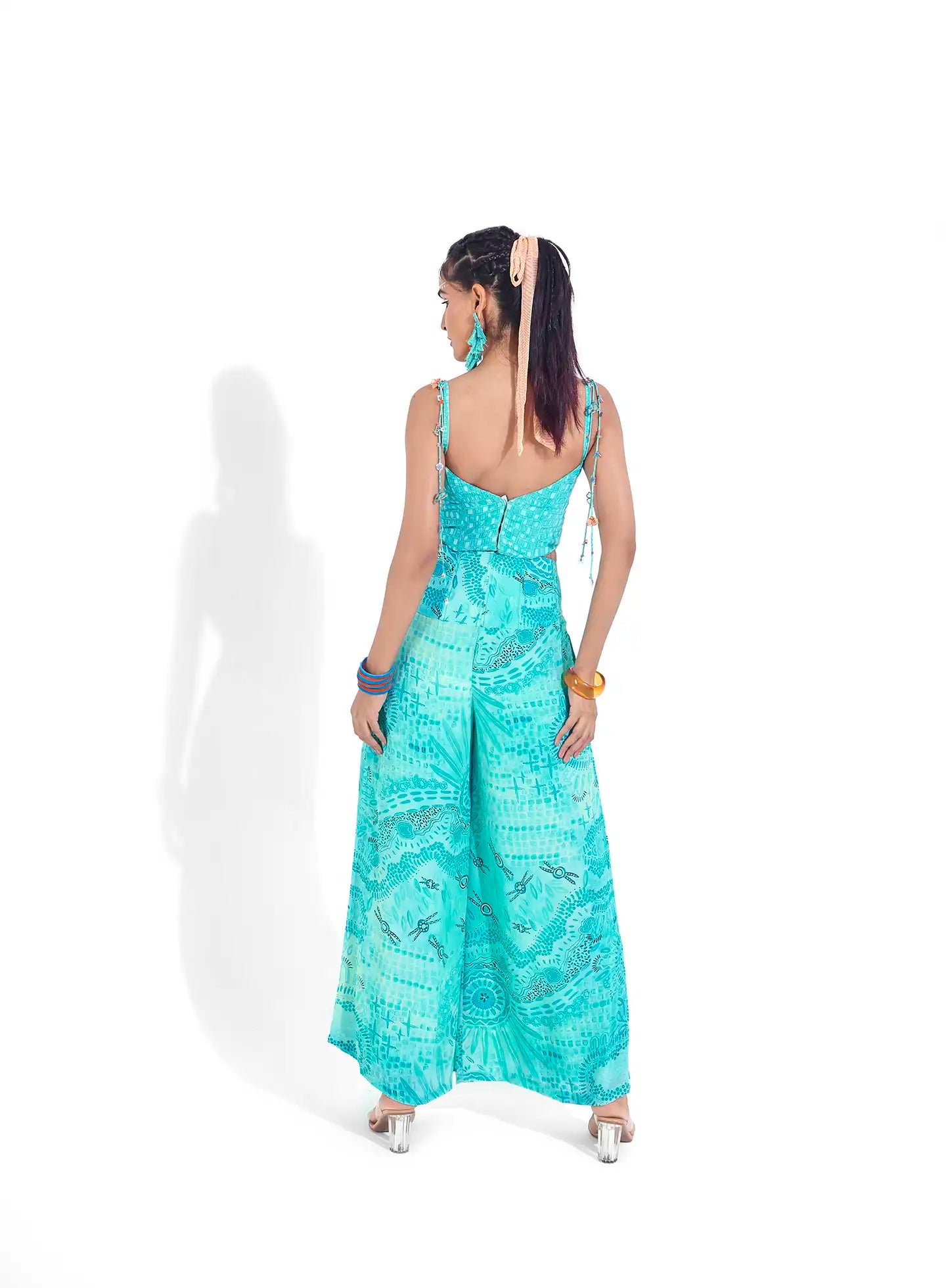 Slimming Blue Aqua Crepe Raya Printed Corsetted Pants Pleats