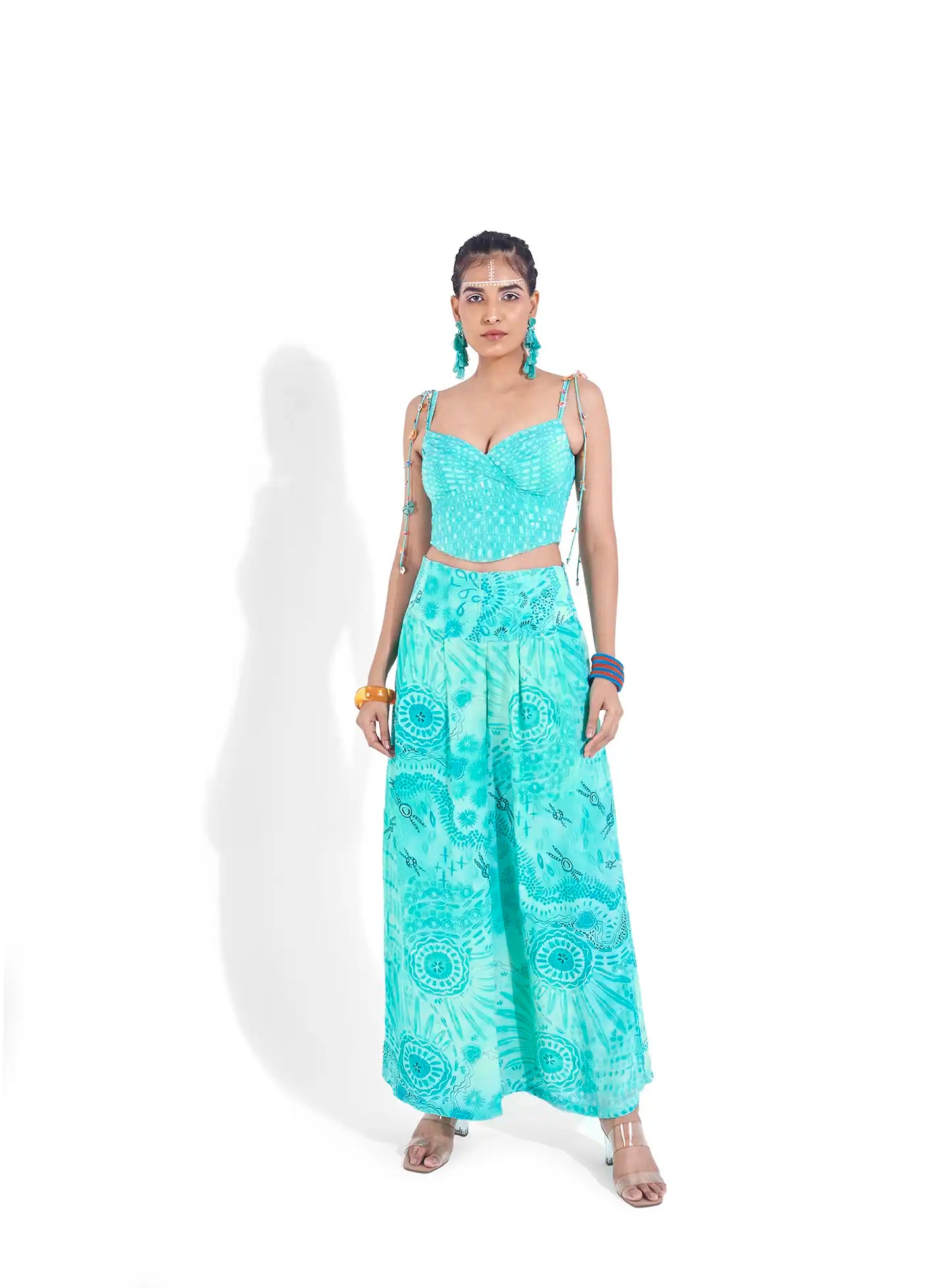 Slimming Blue Aqua Crepe Raya Printed Corsetted Pants Pleats
