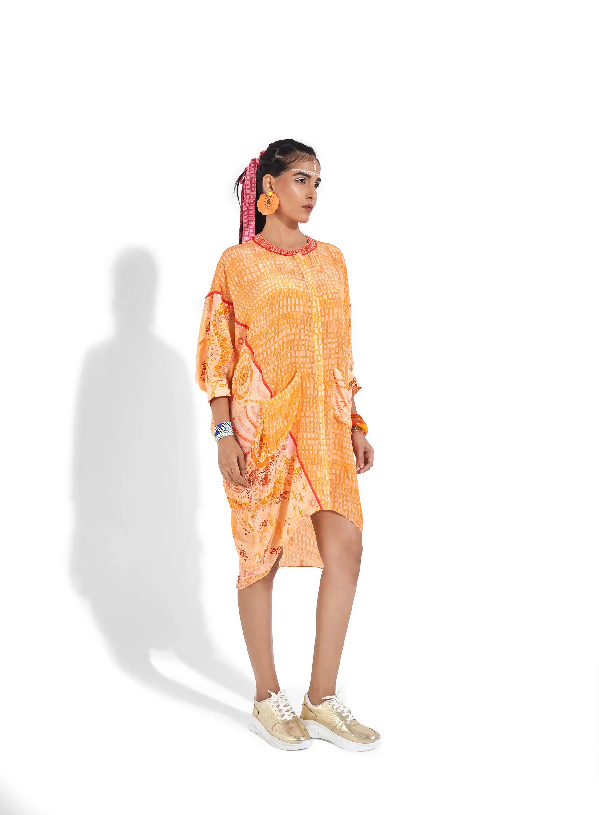 Regal Sunset Orange Crepe Ruri Oversize Kaftan Sequins Embellishments