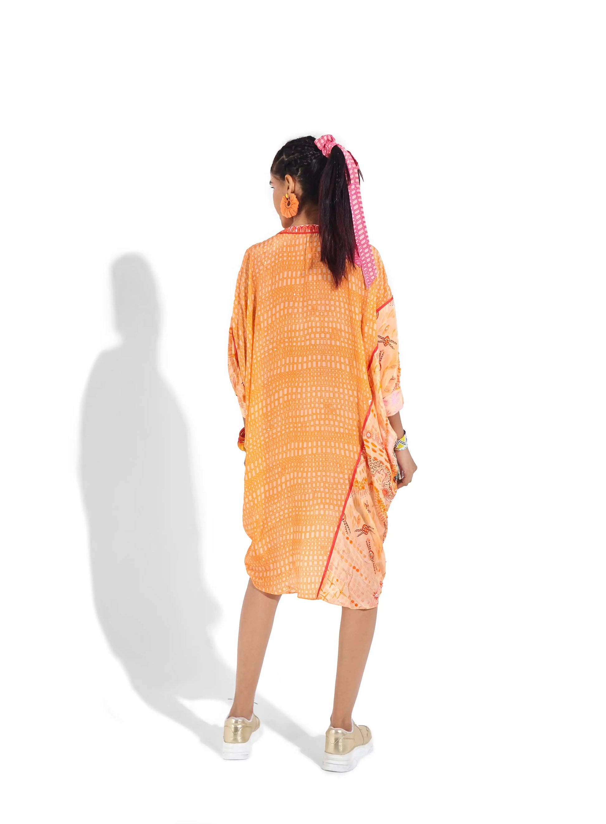 Regal Sunset Orange Crepe Ruri Oversize Kaftan Sequins Embellishments