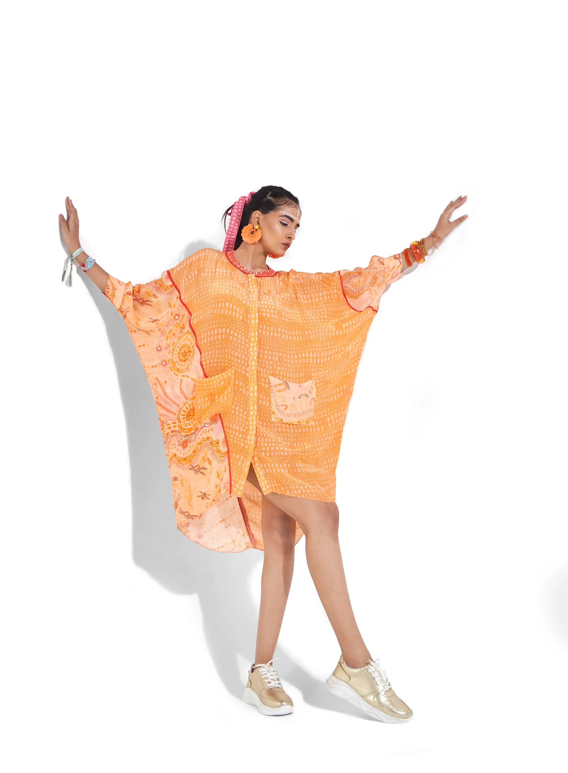 Regal Sunset Orange Crepe Ruri Oversize Kaftan Sequins Embellishments